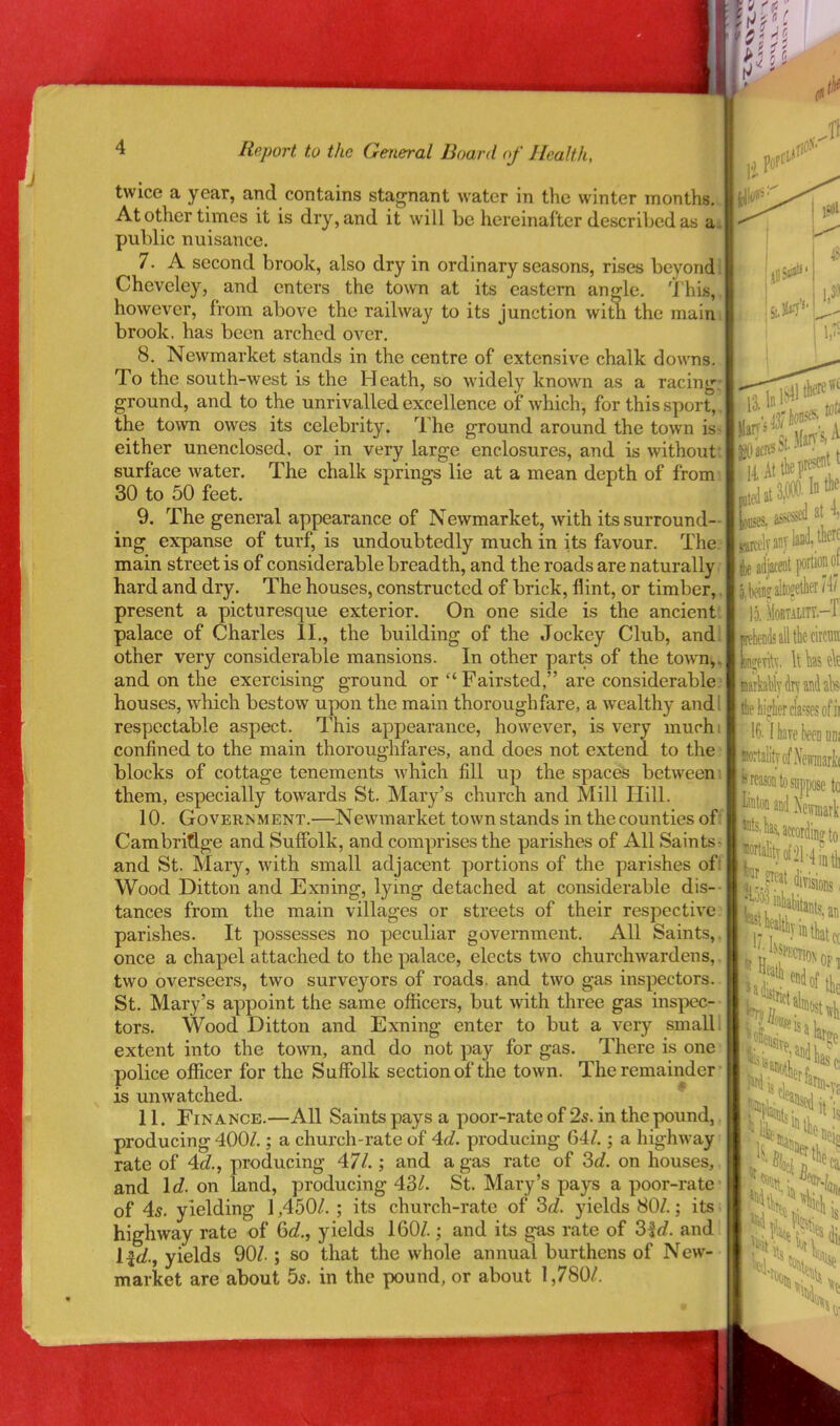 twice a year, and contains stagnant water in the winter months.. At other times it is dry, and it will be hereinafter described as ai public nuisance. 7. A second brook, also dry in ordinary seasons, rises beyond I Cheveley, and enters the town at its eastern angle. 'J’his,. however, from above the railway to its junction wim the maim brook, has been arched over. 8. Newmarket stands in the centre of extensive chalk downs. To the south-west is the Heath, so widely known as a racing ground, and to the unrivalled excellence of which, for this sport, the town owes its celebrity. The ground around the town is- either unenclosed, or in very large enclosures, and is without' surface water. The chalk springs lie at a mean depth of from 30 to 50 feet. 9. The general appearance of Newmarket, with its surround- ing expanse of turf, is undoubtedly much in its favour. The main street is of considerable breadth, and the roads are naturally hard and dry. The houses, constructed of brick, flint, or timber,. present a picturesque exterior. On one side is the ancient palace of Charles II., the building of the Jockey Club, and other very considerable mansions- In other parts of the town,, and on the exercising ground or “ Fairsted,” are considerable houses, which bestow upon the main thoroughfare, a wealthy andl respectable aspect. This appearance, how'^ever, is very inuchi confined to the main thoroughfares, and does not extend to the blocks of cottage tenements w'hich fill up the spaces between- them, especially towards St. Mary’s church and Mill Hill. 10. GovER^MENT.—Newuuarket town stands in the counties of Cambridge and Suffolk, and comprises the parishes of All Saints- and St. Mary, with small adjacent portions of the pari.shes of Wood Ditton and Exning, lying detached at considerable dis- tances from the main villages or streets of their respective: parishes. It possesses no peculiar government. All Saints,, once a chapel attached to the palace, elects two churchwardens,. two overseers, two surveyors of roads, and two gas inspectors. St. Mary’s appoint the same officers, but with three gas insj^ec- tors. Wood Ditton and Exning enter to but a very small! extent into the town, and do not pay for gas. There is one police officer for the Suffolk section of the town. The remainder • is unwatched. * 11. Finance.—All Saints pays a poor-rate of 2s. in the pound,, producing 400Z.; a church-rate of 4d. producing 64Z.; a highway rate of 4^., producing 47/.; and a gas rate of 3c/. on houses, and \d. on land, producing 43/. St. Mary’s pays a poor-rate of 4^. yielding 1,450/. ; its church-rate of 3c/. yields 80/.; its; highway rate of 6c/., yields 160/.; and its gas rate of 3ic/. andi l^c/., yields 90/.; so that the whole annual burthens of New- market are about bs. in the pound, or about 1,780/. rarceiy au; fte portion oj 15, IIOBULIK.-T phendsalllieciOT It Ws ek maMydr^andab ttie!ii?!ierteesofii 16.1 hare ben ddi «ortalifTof.\cinnarl;(