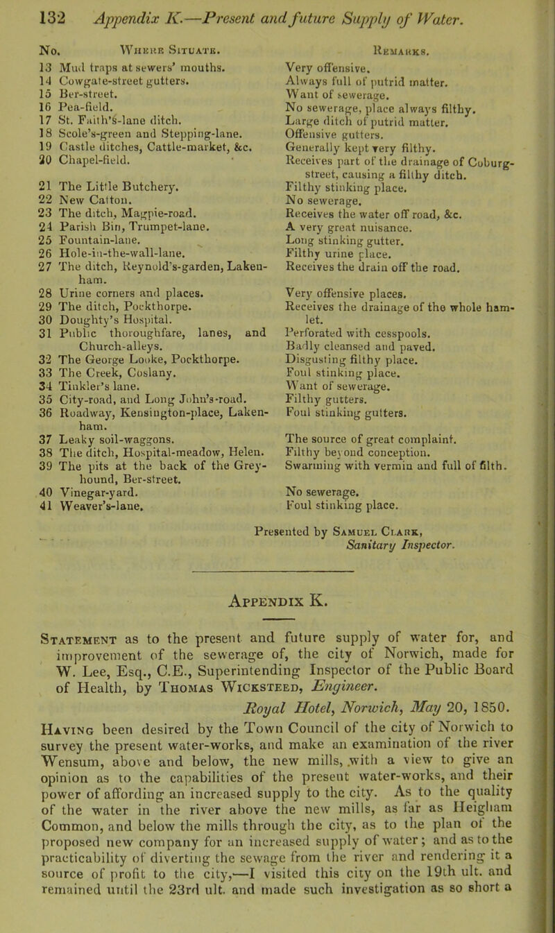 No. Whkkb Situate. 13 Mud traps at sewers’ mouths. 14 Cmvgate-street gutters. 15 Ber-street. 16 Pea-field. 17 St. Faith’s-lane ditch. 18 Scole’s-green and Stepping-lane. 19 Castle ditches, Cattle-market, &c. 20 Chapel-field. 21 The Little Butchery. 22 New Catton. 23 The ditch. Magpie-road. 24 Parish Bin, Trumpet-lane. 25 Fountain-lane. 26 Hole-in-the-wall-lane. 27 The ditch, Reynold’s-garden, Lakeu- ham. 28 Urine corners and places. 29 The ditch, Pockthorpe. 30 Doughty’s Hospital. 31 Public thoroughfare, lanes, and Church-alleys. 32 The George Looke, Pockthorpe. 33 The Creek, Coslany. 34 Tinkler’s lane. 35 City-road, and Long Johu’s-road. 36 Roadway, Kensington-place, Laken- ham. 37 Leaky soil-waggons. 38 The ditch, Hospital-meadow, Helen. 39 The pits at the back of the Grey- hound, Ber-street. 40 Vinegar-yard. 41 Weaver’s-lane. Remarks. Very offensive. Always full of putrid matter. W ant of sewerage. No sewerage, place always filthy. Large ditch of putrid matter. Offensive gutters. Generally kept very filthy. Receives part of the drainage of Coburg- street, causing a filthy ditch. Filthy stinking place. No sewerage. Receives the water off road, &c. A very great nuisance. Long stinking gutter. Filthy urine place. Receives the drain off the road. Very offensive places. Receives the drainage of the whole ham- let. Perforated with cesspools. Badly cleansed and paved. Disgusting filthy place. Foul stinking place. Want of sewerage. Filthy gutters. Foul stinking gutters. The source of great complaint. Filthy bet oud conception. Swarming with vermin and full of filth. No sewerage. Foul stinking place. Presented by Samuel Clark, Sanitary Inspector. Appendix K. Statement as to the present and future supply of water for, and improvement of the sewerage of, the city of Norwich, made for W. Lee, Esq., C.E., Superintending Inspector of the Public Board of Health, by Thomas Wicksteed, Engineer. Royal Hotel, Norwich, May 20, 1850. Having been desired by the Town Council of the city of Norwich to survey the present water-works, and make an examination of the river Wensum, above and below, the new mills, .with a view to give an opinion as to the capabilities of the present water-works, and their power of affording an increased supply to the city. As to the quality of the water in the river above the new mills, as far as Heigliam Common, and below the mills through the city, as to the plan of the proposed new company for an increased supply of water; and as to the practicability of diverting the sewage from the river and rendering it a source of profit to the city,—I visited this city on the 19th ult. and remained until the 23rd ult. and made such investigation as so short a