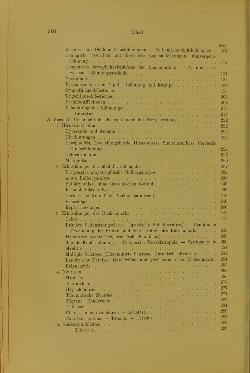 Seite Eecidivireude Oculoraotoriuslähmungen. — Astheuische Ophthalmoplegie. 167 Conjugirte, associirte und dissociirte Augenablenkungen. Convergenz- lähmung I77 Congeuitale Beweglichkeitsdefecte der Augenmuskeln. — Aehnliche er- worbene Lähmungszustäude 181 Nystagmus 185 Vercänderungen der Pupille. Lähmung und Krampf 189 Sympathicus-Affectionen 195 Trigeminus-Aifectionen 202 Facialis-Alfeetionen 208 Behandlung der Lähmungen 210 Literatur 212 B. Specielle Uebersicht der Erkrankungen des Nervensystems 222 1. Hirnkrankheiten 222 Hyperämie und Anämie 222 Hirnblutungen 223 Encephalitis, Erweichungsherde. Hirnabscesse. Sinusthrombose. Cerebrale Kinderlähmung 224 Gehirntumoren 227 Meningitis 229 2. Erkrankungen der Medulla oblongata 237 Progressive amyotrophische Bulbärparalyse 237 Acute Bulbärparalyse 288 Bulbärparalyse ohne anatomischen Befund 239 Pseudobulbärparalyse 239 Gerlier'sche Krankheit. Vertige paralysant 240 Hitzschlag 240 Kopfverletzungen 240 3. Erkrankungen des Eückenmarks 242 Tabes 242 Primäre Seitenstrangsclerose (spastische Spinalparalyse). — Gombinirte Erkrankung der Hinter- und Seitenstränge des Eückenmarks .... 249 Hereditäre Ataxie (Priedreich'sche Krankheit) 249 Spinale Kinderlähmung. — Progressive Muskelatrophie. — Syringomyelie 250 Myelitis 251 Multiple Sclerose. (Disseminirte Sclerose. Chronische Myelitis) 252 Landry'sche Paralyse. Geschwülste und Verletzungen des Eückenmarks . 254 Polyneuritis 255 4. Neurosen 256 Hysterie 256 Neurasthenie 276 Hypochondrie 277 Traumatische Neurose 2// Migräne. Hemicranie 282 Epilepsie 284 Chorea minor (Veitstanz). — Athetose 286 Paralysis agitans. — Tetanie. — Tetanus 287 5. Geisteskrankheiten 288 Literatur 293