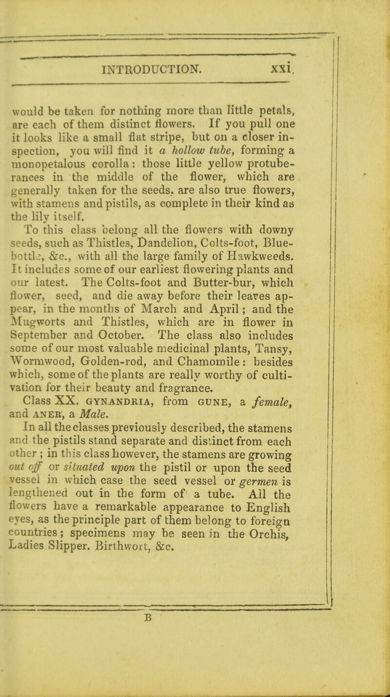 would be taken for nothing more than little petals, are each of them distinct flowers. If you pull one it looks like a small flat stripe, but on a closer in- spection, you will find it a hollow tube, forming a monopetalous corolla: those little yellow protube- rances in the middle of the flower, which are generally taken for the seeds, are also true flowers, with stamens and pistils, as complete in their kind aa the lily itself. To this class belong all the flowers with downy seeds, such as Thistles, Dandelion, Colts-foot, Blue- bottle, &c, with all the large family of Hawkweeds. It includes some of our earliest flowering plants and our latest. The Colts-foot and Butter-bur, which flower, seed, and die away before their leaves ap- pear, in the months of March and April; and the Mugworts and Thistles, which are in flower in September and October. The class also includes some of our most valuable medicinal plants, Tansy, Wormwood, Golden-rod, and Chamomile: besides which, some of the plants are really worthy of culti- vation for their beauty and fragrance. Class XX. gynandria, from gune, a female, and aneb, a Male. In all the classes previously described, the stamens and the pistils stand separate and distinct from each oth er ; in this class however, the stamens are growing out off or situated upon the pistil or upon the seed vessel in which case the seed vessel or germen is lengthened out in the form of a tube. Ail the flowers have a remarkable appearance to English eyes, as the principle part of them belong to foreign countries; specimens may be seen in the Orchis, Ladies Slipper. Birthwort, &c. B