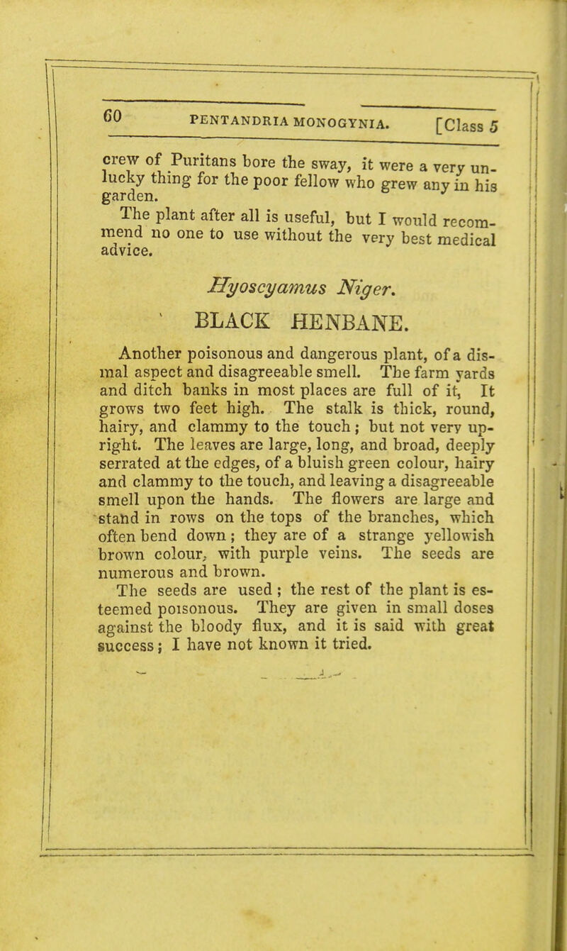 crew of Puritans bore the sway, it were a very un- lucky thing for the poor fellow who grew any in his garden. The plant after all is useful, but I would recom- mend no one to use without the very best medical advice. Hyoscyamus Niger. v BLACK HENBANE. Another poisonous and dangerous plant, of a dis- mal aspect and disagreeable smell. The farm yards and ditch banks in most places are full of it, It grows two feet high. The stalk is thick, round, hairy, and clammy to the touch ; but not very up- right. The leaves are large, long, and broad, deeply serrated at the edges, of a bluish green colour, hairy and clammy to the touch, and leaving a disagreeable smell upon the hands. The flowers are large and stand in rows on the tops of the branches, which often bend down; they are of a strange yellowish brown colour, with purple veins. The seeds are numerous and brown. The seeds are used ; the rest of the plant is es- teemed poisonous. They are given in small dose9 against the bloody flux, and it is said with great