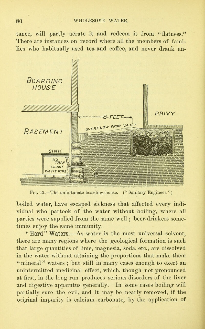 tance, will partly aerate it and redeem it from flatness. There are instances on record where all the members of fami- lies who habitually used tea and coffee, and never drank un- FiG. 13.—The unfortunate boarding-house. (Sanitary Engineer.) boiled water, have escaped sickness that affected every indi- vidual who partook of the water without boiling, where all parties were supplied from the same well; beer-drinkers some- times enjoy the same immunity.  Hard  Waters.—As water is the most universal solvent, there are many regions where the geological formation is such that large quantities of lime, magnesia, soda, etc., are dissolved in the water without attaining the proportions that make them  mineral waters ; but still in many cases enough to exert an unintermitted medicinal effect, which, though not pronounced at first, in the long run produces serious disorders of the liver and digestive apparatus generally. In some cases boiling will partially cure the evil, and it may be nearly removed, if the original impurity is calcium carbonate, by the application of