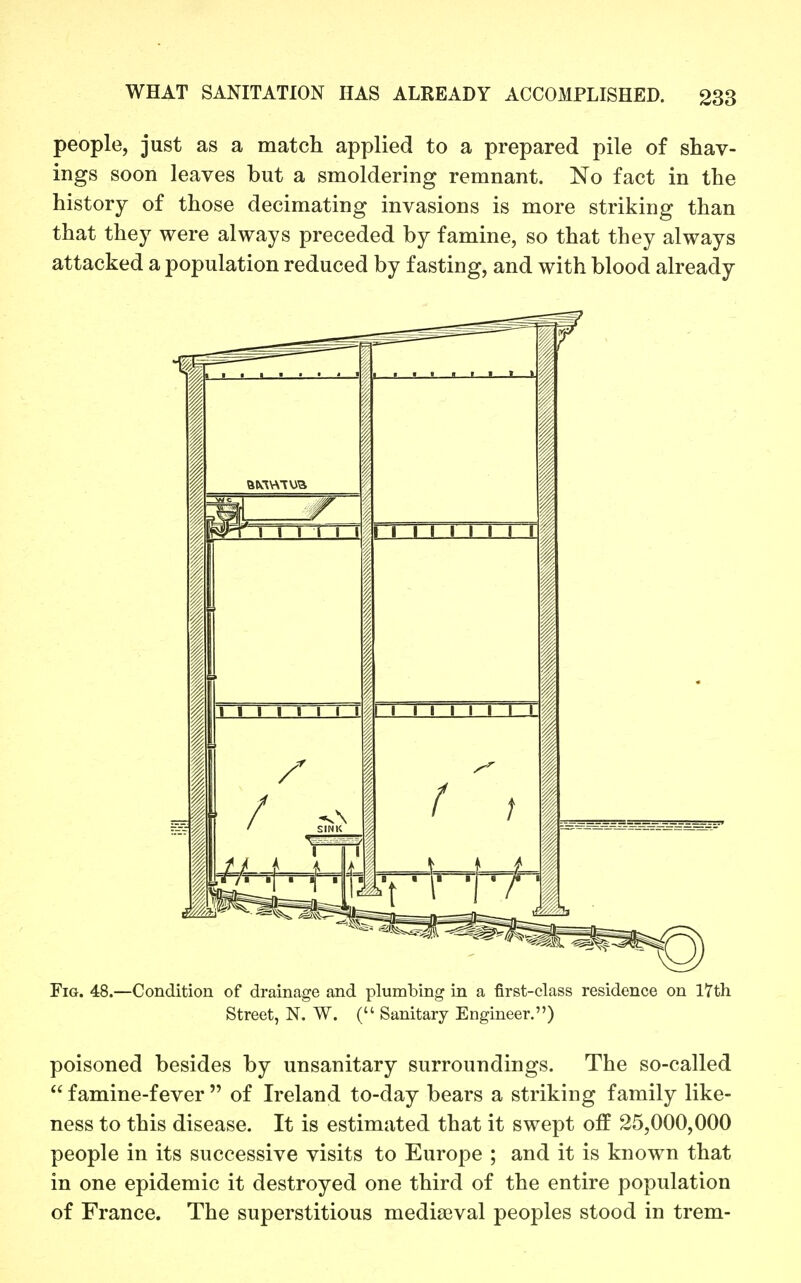 people, just as a matcli applied to a prepared pile of shav- ings soon leaves but a smoldering remnant. No fact in the history of those decimating invasions is more striking than that they were always preceded by famine, so that they always attacked a population reduced by fasting, and with blood already Fig. 48.—Condition of drainage and plumbing in a first-class residence on 17th Street, N. W. ( Sanitary Engineer.) poisoned besides by unsanitary surroundings. The so-called  famine-fever  of Ireland to-day bears a striking family like- ness to this disease. It is estimated that it swept off 25,000,000 people in its successive visits to Europe ; and it is known that in one epidemic it destroyed one third of the entire population of France. The superstitious mediaeval peoples stood in trem-