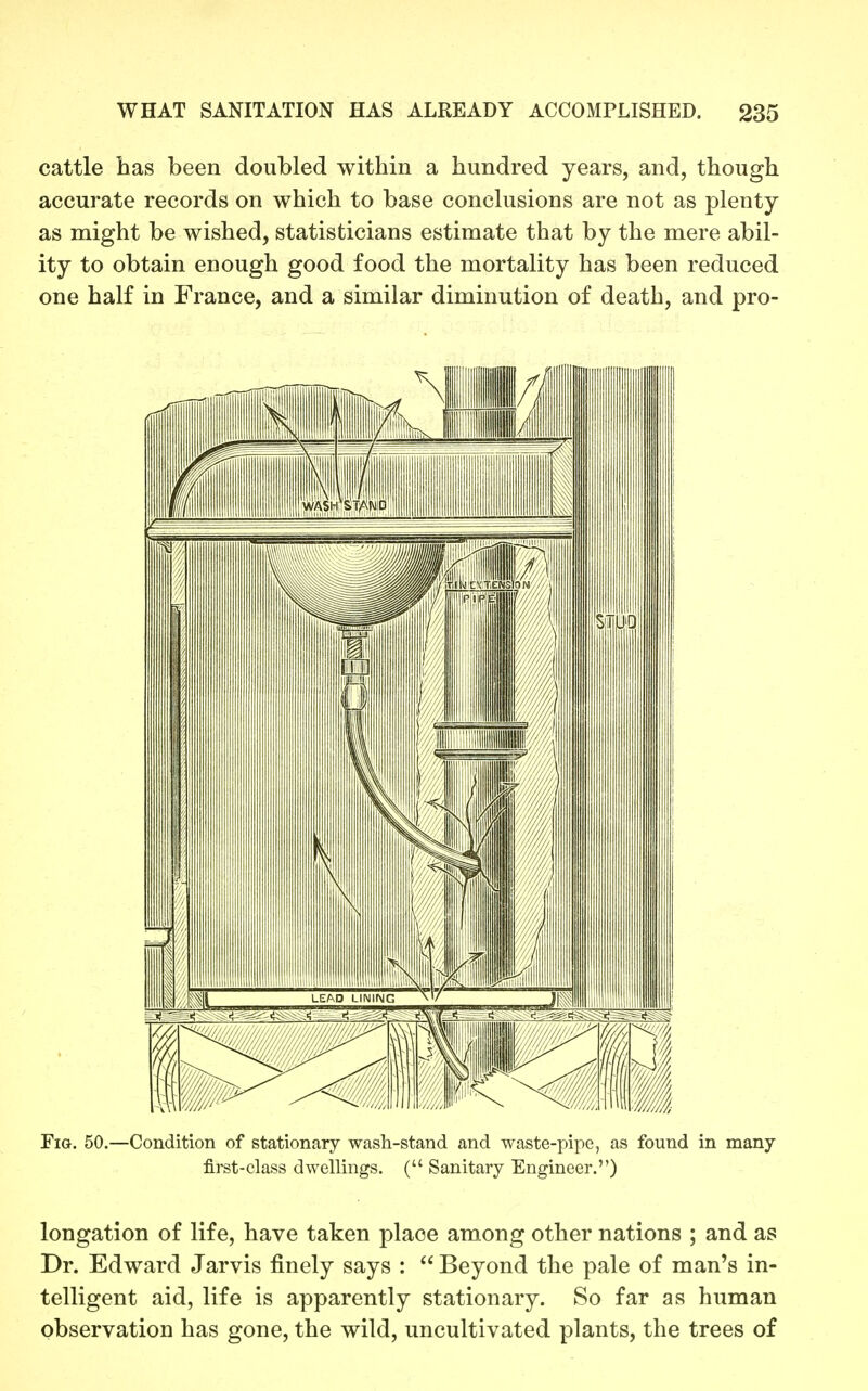 cattle has been doubled within a hundred years, and, though accurate records on which to base conclusions are not as plenty as might be wished, statisticians estimate that by the mere abil- ity to obtain enough good food the mortality has been reduced one half in France, and a similar diminution of death, and pro- FiG. 50.—Condition of stationary wash-stand and waste-pipe, as found in many first-class dwellings. ( Sanitary Engineer.) longation of life, have taken place among other nations ; and as Dr. Edward Jarvis finely says :  Beyond the pale of man's in- telligent aid, life is apparently stationary. So far as human observation has gone, the wild, uncultivated plants, the trees of