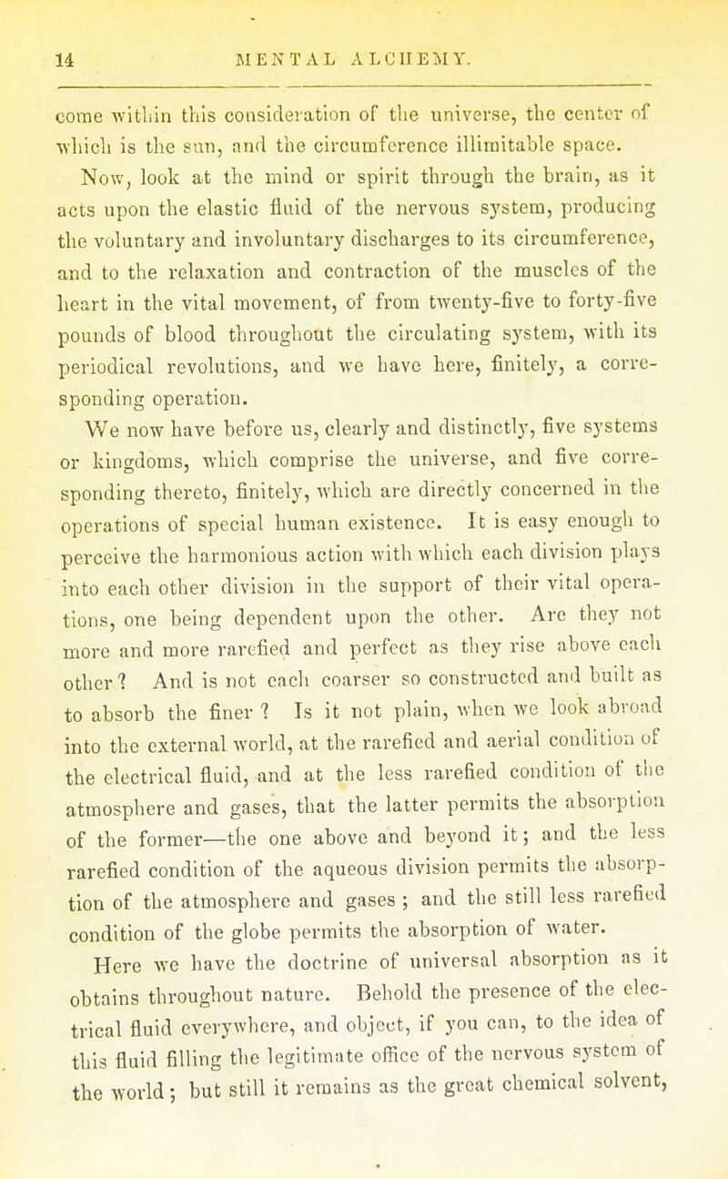 come wltliin this consideration of the universe, the center of •v\hich is the sun, and the circumference illimitable space. Now, look at the mind or spirit through the brain, as it acts upon the elastic fluid of the nervous system, producing the voluntary and involuntary discharges to its circumference, and to the relaxation and contraction of the muscles of the heart in the vital movement, of from t^Yenty-five to forty-five pounds of blood throughout the circulating s)'stem, with its periodical revolutions, and we have here, finitely, a corre- sponding operation. We now have before us, clearly and distinctly, five systems or kingdoms, which comprise the universe, and five corre- sponding thereto, finitely, Avhich are directly concerned in the operations of special human existence. It is easy enough to perceive the harmonious action with which each division pla3-3 into each other division in the support of their vital opera- tions, one being dependent upon the other. Are they not more and more rarefied and perfect as they rise above each other'? And is not each coarser so constructed and built as to absorb the finer 1 Is it not plain, when we look abroad into the external Avorld, at the rarefied and aerial condition of the electrical fluid, and at the less rarefied condition of tlie atmosphere and gases, that the latter permits the absorption of the former—the one above and beyond it; and the less rarefied condition of the aqueous division permits the absorp- tion of the atmosphere and gases ; and the still less rarefied condition of the globe permits the absorption of water. Here we have the doctrine of universal absorption as it obtains throughout nature. Behold the presence of the elec- trical fluid everywhere, and object, if you can, to the idea of this fluid filling the legitimate office of the nervous system of the world; but still it remains as the great chemical solvent,