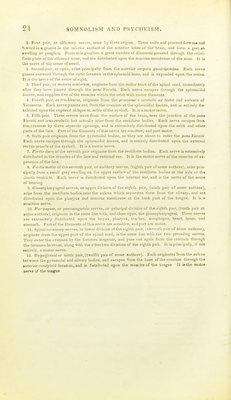 1. First pnir, or olfactory nerves, arise by tl,tee origins. Tliene unite and proceed forwa»<r and *r.warcl in a groove in the infurior surface of the anterior lobea of tlie brain, and form a gt^y.nh swelling or gnngli(tn. From tliis giinglion a great luimber of filainents proceed tlirongh the cribri- form plate of the ethmoid bone, and are distributed upon the mucous membrane of the nose. It i» Llie nerve of the sense of smell. 2. Second pair, or opiic, arise principally from the anterior corpora qmidrigemitut. Each nerve passes outward through the optic foramen ls the sjdienoid bone, and is expanded upon the retina. It is tlie nerve of the senae of eigliL 3. Tliird pair, or jnotnrcs oculorum, originate from the motor tract ofthe spinal cord, immediately Bfter they have pas.scd through tlie j'w/is I'aroHi. Kacli nerve escapes througii the sphenoidal fissure, and supplies live ofthe muscles wiiliin the orbit with motor filaments. 4. Fourth pair, or trochlcares^ originate from the procetsuf e cerebcUo ad testes and valvula of Vieussens. Each nerve passes out from the cranium at the sphenoidal fissure, and is entirely dis- tributed upon the superior oblique ir. .acles of the eypball. It is a motor nerve. 5. Fiflh pair. These nerves issue from tlie surface of the brain, near the junction of the pan* Varolii and cms cerebelli, but actually urine from the restiform bodies. Each nerve escapes from the cranium by three separate openings, and is extensively di3tril)uted upon the orbit and other parts ofthe face. Part ofthe filaments of this ner^'e are sensitive^ and part motor. 6. Sixth pair originate from the pyramidal bodies, as they are about to enter the pons Varolii Each nerve escapes through the sphenoiiial fissure, and is entirely distributed upon the external rectus mu3cle ofthe eyeball. It is a motor nerve. 7. Portio dura ofthe seventh pair originate from the restiform bodies. Each nen'e is extensively distributed in the muscles of the face and external ear. It is the motor nerve of the muscles of ex- pression ofthe face. 8. Portio viatlis ofthe seventh pair, or auditory nerves, (eighth pair of some authors), arise prin- cipally from a small grey swelling on the upper surface of the restiform bodies at the aide of tha iburtli ventricle. Each nerve is dislributed upon the internal ear, and is the nerve of the sense of hearing. 9. Glossopharyngeal nerves, or upper division of the eighth pair, {ninth pair of some authors), arise from the restiform bodies near the sulcus which separates them from the olivary, and are distributed upon the pharynx and mucous membrane at the back part of the tongue. It is a eeiBitive nen'e. 10. Par vagum^ or pneumogastric nerves, or principal division of the eighth pair, (tenth pair oi Bome authors), originate in the same line with, and close upon, the glossopharyngeal. These nen-es are extensively distributed upon the larynx, pharynx, trachea, oisoplnigus, heart, Inn-!, and etomach. Part ofthe filaments of tliis nerve are sensitive, and part are motor. 11. Spinal accessory nerves, or lower division of t'lie eighth pair, (eleventh pair of some authors), originate from the upper part of the spinal cord, in the same line with the two preceding nerves. They enter the cranium by the foramen magnum, and pass out again from the cranium through the foramen lacerura, along with the olher two divisions of the eighth pair. It is principally, if not entirely, a motor nerve. 12. Hypoglossal or ninth pair, (twelfth pair of some authors). Each originates from the sulcus between the pyramidfd and ohvary bodies, and escapes from the base ofthe cranium through tha (interior condyloid foramen, and is iistributei upon the musclea of the tongue It ia the motet nerve of the toofUft.
