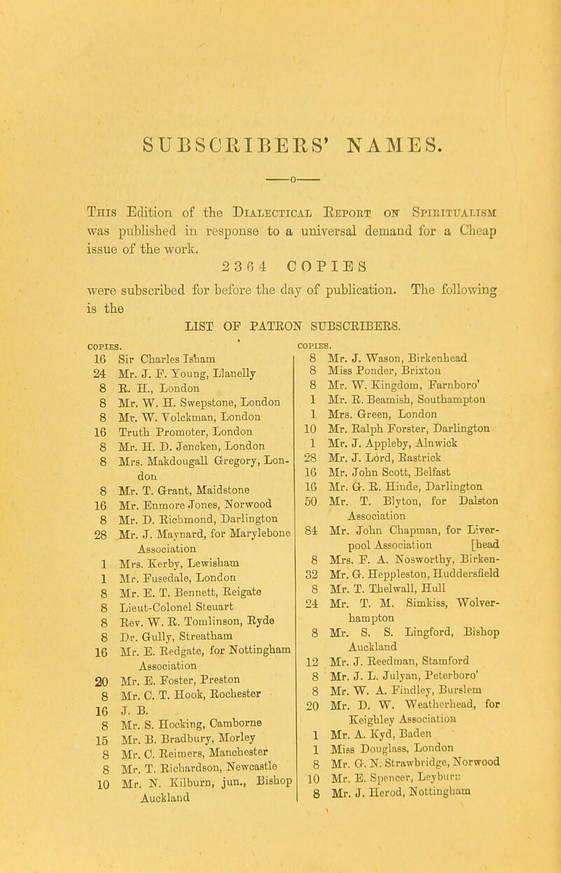 SUESCRIBEES' NAMES. This Edition of the Dialecticai, Eeport on Spieitualism was published in response to a universal demand for a Cheap issue of the work. 2364 COPIES were subscribed for before the day of publication, is the LIST OF PATEON SUBSCEIBEES. Tlie following COPIES. 16 Sir Charles Isham 24 Mr. J. P. Young, Llanelly 8 E. H., London 8 Mr. W. H. Swepstone, London 8 Mr. W. Volckman, London 16 Truth Promoter, London 8 Mr. H. D. Jencken, London 8 Mrs. MakdougaU Gregory, Lon- don 8 Mr. T. Grant, Maidstone 16 Mr. Enmore .Tones, Norwood 8 Mr. D. Eichmond, Darlington 28 Mr. J. Maynard, for Marylebone Association 1 Mrs. Kerby, Lewisham 1 Mr. Fusedale, London 8 Mr. E. T. Bennett, Eeigate 8 Lieut-Colonel Steuart 8 Eev. W. E. Tomlinson, Eyde 8 Dr. Gully, Streatham 16 Mr. E. Eedgate, for Nottingham Association 20 Mr. E. Foster, Preston 8 Mr. C. T. Hook, Eochester 16 J. B. 8 Mr. S. Hocking, Camborne 15 Mr. B. Bradbury, Morley 8 Mr. C. Eeimers, Manchester 8 Mr. T. Eichardson, Newcastle 10 Mr. N. Kilburn, jun., Bishop Auckland COPIES. 8 Mr. J. Wason, Birkenhead 8 Miss Ponder, Brixton 8 Mr. W. Kingdom, Farnboro' 1 Mr. E. Beamish, Southampton 1 Mrs. Green, London 10 Mr. Ealph Forster, Darlington 1 Mr. J. Appleby, Alnwick 28 Mr. J. Lord, Eastrick IG Mr. John Scott, Belfast 16 Mr. G. E. Hinde, Darlington 50 Mr. T. Blyton, for Dalston Association 84 Mr. John Chapman, for Liver- pool Association [head 8 Mrs. F. A. Noswortby, Birken- 32 Mr. G. Heppleston, Huddersfield 8 Mr. T. Thelwall, Hull 24 Mr. T. M. Simkiss, Wolver- hampton 8 Mr. S. S. Lingford, Bishop Auckland 12 Mr. J. Eeedman, Stamford 8 Mr. J. L. Julyan, Peterboro' 8 Mr. W. A. Findley, Burslem 20 Mr. D. W. Weathcrhead, for Keighley Association 1 Mr. A. Kyd, Baden 1 Miss Douglass, London 8 Mr. G. N. Strawbridge, Norwood 10 Mr. E. Spencer, Leyburn