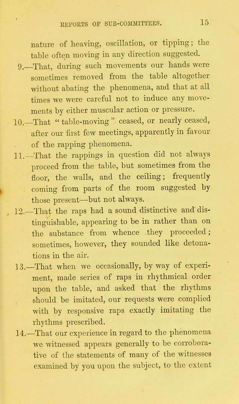 nature of heaving, oscillation, or tipping; the table often moving in any direction suggested. -That, during such movements our hands were sometimes removed from the table altogether without abating the phenomena, and that at all times we were careful not to induce any move- ments by either muscular action or pressure. -That  table-moving  ceased, or nearly ceased, after our first few meetings, apparently in favour of the rapping phenomena. -That the rappings in question did not always proceed from the table, but sometimes from the floor, the walls, and the ceiling; frequently coming from parts of the room suggested by those present—but not always. -That the raps had a soimd distinctive and' dis- tinguishable, appearing to be in rather than on the substance from whence they proceeded; sometimes, however, they sounded like detona- tions in the air. —That when we occasionally, by way of experi- ment, made series of raps in rhythmical order upon the table, and asked that the rhythms should be imitated, our requests were complied Avith by responsive raps exactly imitating the rhythms prescribed. —That our experience in regard to the phenomena we witnessed appears generally to be corrobora- tive of the statements of many of the witnesses examined by you upon the subject, to the extent