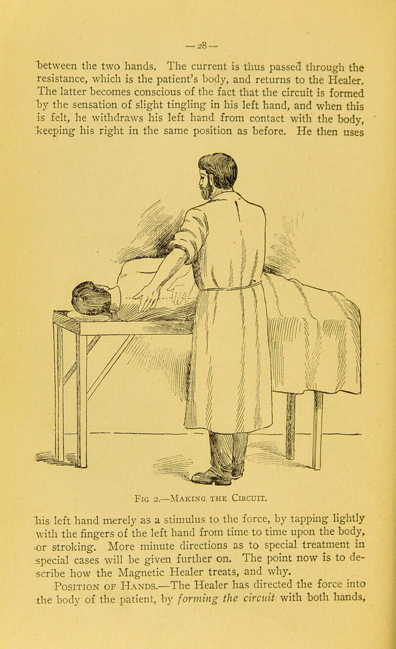 between the two hands. The current is thus passed through the resistance, which is the patient's body, and returns to the Healer. The latter becomes conscious of the fact that the circuit is formed by the sensation of slight tingling in his left hand, and when this is felt, he withdraws his left hand from contact with the body, keeping his right in the same position as before. He then uses Fig 2.—Making the Circuit. his left hand merely as a stimulus to the force, by tapping lightly with the fingers of the left hand from time to time upon the body, or stroking. More minute directions as to special treatment in •special cases will be given further on. The point now is to de- scribe how the Magnetic Healer treats, and why. Position of Hands.—The Healer has directed the force into the body of the patient, by forming the circuit with both hands,