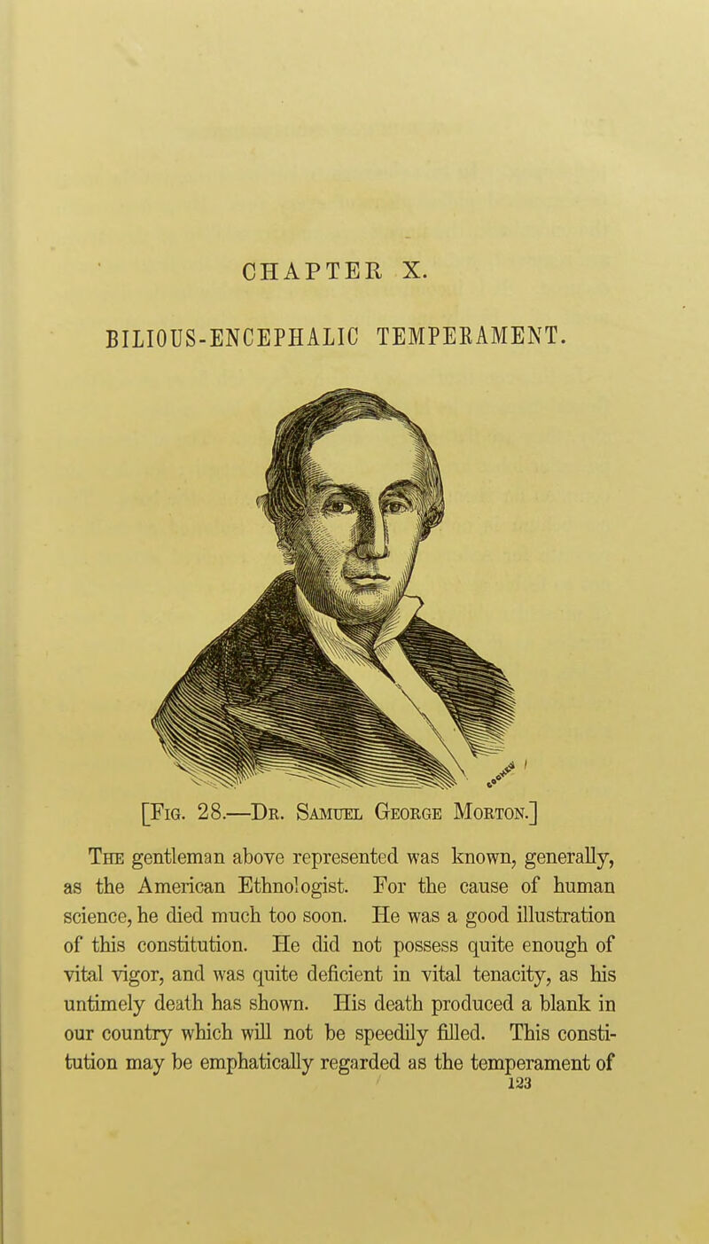 BILIOUS-ENCEPHALIC TEMPERAMENT. [Fig. 28.—Dk. Saiviuel Geokge Morton.] The gentleman above represented was known, generally, as the American Ethnologist. For the cause of human science, he died much too soon. He was a good illustration of this constitution. He did not possess quite enough of vital vigor, and was quite deficient in vital tenacity, as his untimely death has shown. His death produced a blank in our country which will not be speedily filled. This consti- tution may be emphatically regarded as the temperament of