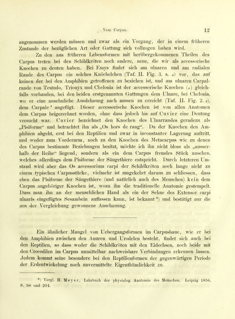 angenommen werden müssen und zwar als ein Vorgang-, der in einem früheren Zustande der bezüglichen Art oder Gattung sich vollzogen haben wird. Zu den aus früheren Lebensformen mit herübergekommenen Theilen des Carpus treten bei den Schildkröten noch andere, neue, die wir als accessorische Knochen zu deuten haben. Bei Emys findet sich am ulnaren und am radialen Rande des Carpus ein solches Knöchelchen (Taf. II. Fig. 3. s. s) vor, das auf keinen der bei den Amphibien getroffenen zu beziehen ist, und am ulnaren Carpal- rande von Testudo, Trionyx und Chelonia ist der accessorische Knochen (s) gleich- falls vorhanden, bei den beiden erstgenannten Gattungen dem Ulnare, bei Chelonia, wo er eine ansehnliche Ausdehnung nach aussen zu erreicht (Taf. II. Fig. 2. s), dem Carpale5 angefügt. Dieser accessorische Knochen ist von allen Anatomen dem Carpus beigerechnet worden, ohne dass jedoch bis auf Cuvier eine Deutung versucht war. Cuvier bezeichnet den Knochen des Ulnarrandes geradezu als „Pisiforme und betrachtet ihn als „Os hors de rang. Da der Knochen den Am- phibien abgeht, erst bei den Reptilien und zwar in inconstanter Lagerung auftritt, und weder zum Vorderarm, noch zu den Knochen des Metacarpus wie zu denen des Carpus bestimmte Beziehungen besitzt, möchte ich ihn nicht bloss als „ausser- halb der Reihe liegend, sondern als ein dem Carpus fremdes Stück ansehen, welches allerdings dem Pisiforme der Säugethiere entspricht. Durch letzteren Um- stand wird aber das Os accessorium carpi der Schildkröten noch lange nicht zu einem typischen Carpusstücke, vielmehr ist umgekehrt daraus zu schliessen, dass eben das Pisiforme der Säugethiere (und natürlich auch des Menschen) kein dem Carpus angeliöriger Knochen ist, wozu ihn die traditionelle Anatomie gestempelt. Dass man ihn an der menschlichen Hand als ein der Sehne des Extensor. carpi ulnaris eingefügtes Sesambein auffassen kann, ist bekannt *) und bestätigt nur die aus der Vergleichung gewonnene Anschauung. Ein ähnlicher Mangel von Uebergangsformen im Carpusbaue, wie er bei den Amphibien zwischen den Anuren und Urodelen besteht, findet sich auch bei den Reptilien, so dass weder die Schildkröten mit den Eidechsen, noch beide mit den Crocodilen im Carpus unmittelbar nachweisbare Verbindungen erkennen lassen. Jedem kommt seine besondere bei den Reptilienformen der gegenwärtigen Periode der Erdentwickelung noch unvermittelte Eigenthümlichkeit zu. *) Vergl. H. Meyer, Lehrbuch der physiolog. Anatomie des Menschen. Leipzig 1856. S. 98 und 201.