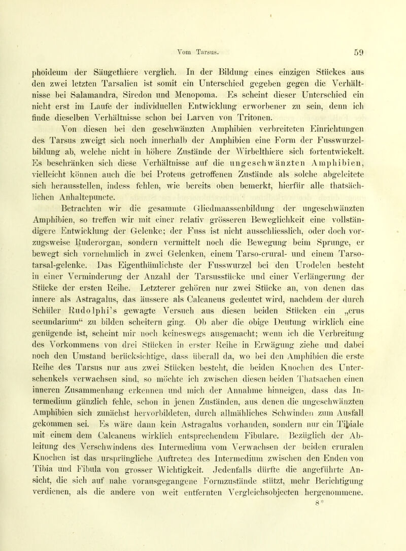Vom Tarsus. 59 phoideum der Säugethiere verglich. In der Bildung eines einzigen Stückes aus den zwei letzten Tarsalien ist somit ein Unterschied gegeben gegen die Verhält- nisse bei Salaniandra, Siredon und Menopoma. Es scheint dieser Unterschied ein nicht erst im Laufe der individuellen Entwicklung erworbener zu sein, denn ich finde dieselben Verhältnisse schon bei Larven von Tritonen. Von diesen bei den geschwänzten Amphibien verbreiteten Einrichtungen des Tarsus zweigt sich noch innerhalb der Amphibien eine Form der Fusswurzel- bildung ab, welche nicht in höhere Zustände der Wirbelthiere sich fortentwickelt. Es beschränken sich diese Verhältnisse auf die ungeschwänzten Amphibien, vielleicht können auch die bei Proteus getroffenen Zustände als solche abgeleitete sich herausstellen, indess fehlen, wie bereits oben bemerkt, hierfür alle thatsäch- lichen Anhaltepuncte. Betrachten wir die gesammte Gliedmaassenbildung der ungeschwänzten Amphibien, so treffen wir mit einer relativ grösseren Beweglichkeit eine vollstän- digere Entwicklung der Gelenke; der Fuss ist nicht ausschliesslich, oder doch vor- zugsweise Ruderorgan, sondern vermittelt noch die Bewegung beim Sprunge, er bewegt sich vornehmlich in zwei Gelenken, einem Tarso-crural- und einem Tarso- tarsal-gelenke. Das Eigenthümlichste der Fusswurzel bei den Urodelen besteht in einer Verminderung der Anzahl der Tarsusstücke und einer Verlängerung der Stücke der ersten Reihe. Letzterer gehören nur zwei Stücke an, von denen das innere als Astragalus, das äussere als Calcaneus gedeutet wird, nachdem der durch Schüler Rudolphi's gewagte Versuch aus diesen beiden Stücken ein „crus secundarium zu bilden scheitern ging. Ob aber die obige Deutung wirklich eine genügende ist, scheint mir noch keineswegs ausgemacht; wenn ich die Verbreitung des Vorkommens von drei Stücken in erster Reihe in Erwägung ziehe und dabei noch den Umstand berücksichtige, dass überall da, wo bei den Amphibien die erste Reihe des Tarsus nur aus zwei Stücken besteht, die beiden Knochen des Unter- schenkels verwachsen sind, so möchte ich zwischen diesen beiden Thatsachen einen inneren Zusammenhang erkennen und mich der Annahme hinneigen, dass das In- termedium gänzlich fehle, schon in jenen Zuständen, aus denen die ungeschwänzten Amphibien sich zunächst hervorbildeten, durch allmähliches Schwinden zum Ausfall gekommen sei. Es wäre dann kein Astragalus vorhanden, sondern nur ein Tibiale mit einem dem Calcaneus wirklich entsprechendem Fibulare. Bezüglich der Ab- leitung des Verschwindens des Intermedium vom Verwachsen der beiden cruralen Knochen ist das ursprüngliche Auftreten des Intermedium zwischen den Enden von Tibia und Fibula von grosser Wichtigkeit. Jedenfalls dürfte die angeführte An- sicht, die sich auf nahe vorausgegangene Formzustände stützt, mehr Berichtigung verdienen, als die andere von weit entfernten Vergleichsobjecten hergenommene. 8*