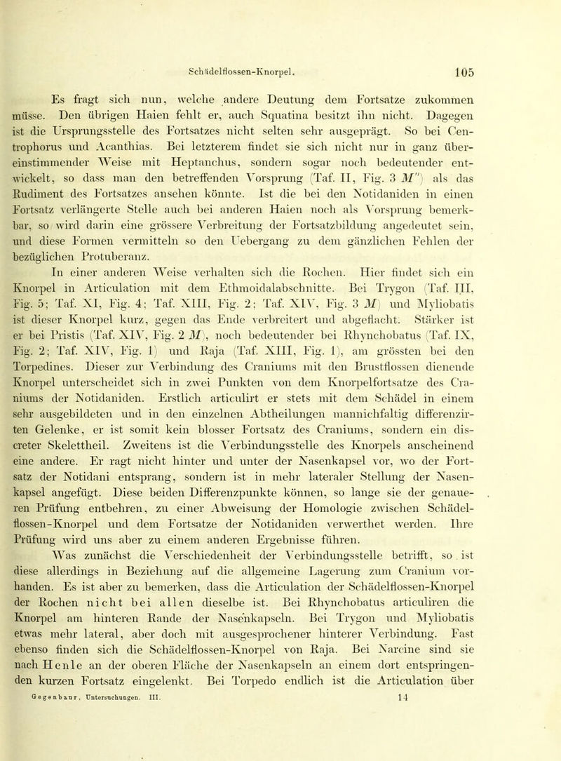 Es fragt sich nun, welche andere Deutung dem Fortsatze zukommen müsse. Den übrigen Haien fehlt er, auch Squatina besitzt ihn nicht. Dagegen ist die Ursprungsstelle des Fortsatzes nicht selten sehr ausgeprägt. So bei Cen- trophorus und Acanthias. Bei letzterem findet sie sich nicht nur in ganz über- einstimmender Weise mit Heptanchus, sondern sogar noch bedeutender ent- wickelt, so dass man den betreffenden Vorsprung (Taf. II, Fig. 3 M) als das Rudiment des Fortsatzes ansehen könnte. Ist die bei den Notidaniden in einen Fortsatz verlängerte Stelle auch bei anderen Haien noch als Vorsprung bemerk- bar, so wird darin eine grössere Verbreitung der Fortsatzbildung angedeutet sein, und diese Formen vermitteln so den Uebergang zu dem gänzlichen Fehlen der bezüglichen Pro tuberanz. In einer anderen Weise verhalten sich die Höchen. Hier findet sich ein Knorpel in Articulation mit dem Ethmoidalabschnitte. Bei Trygon (Taf. III, Fig. 5; Taf. XI, Fig. 4; Taf. XIII, Fig. 2; Taf. XIV, Fig. 3 M) und Myliobatis ist dieser Knorpel kurz, gegen das Ende verbreitert und abgeflacht. Stärker ist er bei Pristis (Taf. XIV, Fig. 2 M), noch bedeutender bei Rhynchobatus (Taf. IX, Fig. 2; Taf. XIV, Fig. 1) und Kaja (Taf. XIII, Fig. 1), am grössten bei den Torpedines. Dieser zur Verbindung des Craniums mit den Brustflossen dienende Knorpel unterscheidet sich in zwei Punkten von dem Knorpelfortsatze des Cra- niums der Notidaniden. Erstlich articulirt er stets mit dem Schädel in einem sehr ausgebildeten und in den einzelnen Abtheilungen mannichfaltig differenzir- ten Gelenke, er ist somit kein blosser Fortsatz des Craniums, sondern ein dis- creter Skelettheil. Zweitens ist die Verbindungsstelle des Knorpels anscheinend eine andere. Er ragt nicht hinter und unter der Nasenkapsel vor, wo der Fort- satz der Notidani entsprang, sondern ist in mehr lateraler Stellung der Nasen- kapsel angefügt. Diese beiden Differenzpunkte können, so lange sie der genaue- ren Prüfung entbehren, zu einer Abweisung der Homologie zwischen Schädel- flossen-Knorpel und dem Fortsatze der Notidaniden verwerthet werden. Ihre Prüfung wird uns aber zu einem anderen Ergebnisse führen. Was zunächst die Verschiedenheit der Verbindungsstelle betrifft, so . ist diese allerdings in Beziehung auf die allgemeine Lagerung zum Cranium vor- handen. Es ist aber zu bemerken, dass die Articulation der Schädelflossen-Knorpel der Rochen nicht bei allen dieselbe ist. Bei Rhynchobatus articuliren die Knorpel am hinteren Rande der Nasenkapseln. Bei Trygon und Myliobatis etwas mehr lateral, aber doch mit ausgesprochener hinterer Verbindung. Fast ebenso finden sich die Schädelflossen-Knorpel von Raja. Bei Narcine sind sie nach He nie an der oberen Fläche der Nasenkapseln an einem dort entspringen- den kurzen Fortsatz eingelenkt. Bei Torpedo endlich ist die Articulation über Gegenbaur. Untersuchungen. III. 14