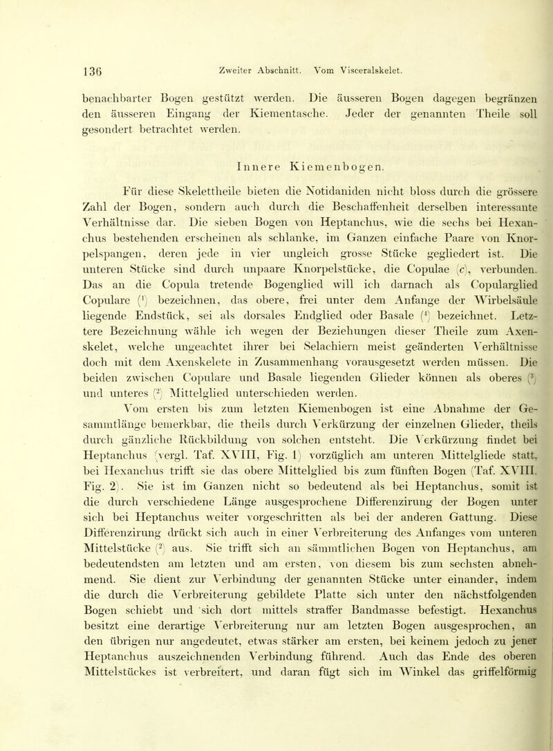 benachbarter Bogen gestützt werden. Die äusseren Bogen dagegen begränzen den äusseren Eingang der Kiementasche. Jeder der genannten Theile soll gesondert betrachtet werden. Innere Kiemenbogen. Für diese Skelettheile bieten die Notidaniden nicht bloss durch die grössere Zahl der Bogen, sondern auch durch die Beschaffenheit derselben interessante Verhältnisse dar. Die sieben Bogen von Heptanchus, wie die sechs bei Hexan- chus bestehenden erscheinen als schlanke, im Ganzen einfache Paare von Knor- pelspangen, deren jede in vier ungleich grosse Stücke gegliedert ist. Die unteren Stücke sind durch unpaare Knorpelstücke, die Copulae (c), verbunden. Das an die Copula tretende Bogenglied will ich darnach als Copularglied Copulare (') bezeichnen, das obere, frei unter dem Anfange der Wirbelsäule liegende Endstück, sei als dorsales Endglied oder Basale (4) bezeichnet. Letz- tere Bezeichnung wähle ich wegen der Beziehungen dieser Theile zum Axen- skelet, welche ungeachtet ihrer bei Selachiern meist geänderten Verhältnisse doch mit dem Axenskelete in Zusammenhang vorausgesetzt werden müssen. Die beiden zwischen Copulare und Basale liegenden Glieder können als oberes (3) und unteres (2) Mittelglied unterschieden werden. Vom ersten bis zum letzten Kiemenbogen ist eine Abnahme der Ge- sammtlänge bemerkbar, die theils durch Verkürzung der einzelnen Glieder, theils durch gänzliche Rückbildung von solchen entsteht. Die Verkürzung findet bei Heptanchus (vergl. Taf. XVIII, Fig. 1) vorzüglich am unteren Mittelgliede statt, bei Hexanchus trifft sie das obere Mittelglied bis zum fünften Bogen (Taf. XVIII, Fig. 2). Sie ist im Ganzen nicht so bedeutend als bei Heptanchus, somit ist die durch verschiedene Länge ausgesprochene Differenzirung der Bogen unter sich bei Heptanchus weiter vorgeschritten als bei der anderen Gattung. Diese Differenzirung drückt sich auch in einer Verbreiterung des Anfanges vom unteren Mittelstücke (2) aus. Sie trifft sich an sämmtlichen Bogen von Heptanchus, am bedeutendsten am letzten und am ersten, von diesem bis zum sechsten abneh- mend. Sie dient zur Verbindung der genannten Stücke unter einander, indem die durch die Verbreiterung gebildete Platte sich unter den nächstfolgenden Bogen schiebt und sich dort mittels straffer Bandmasse befestigt. Hexanchus besitzt eine derartige Verbreiterung nur am letzten Bogen ausgesprochen, an den übrigen nur angedeutet, etwas stärker am ersten, bei keinem jedoch zu jener Heptanchus auszeichnenden Verbindung führend. Auch das Ende des oberen Mittelstückes ist verbreitert, und daran fügt sich im Winkel das griffeiförmig