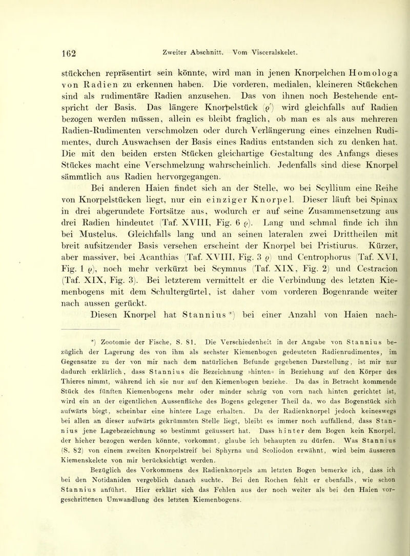 Stückchen repräsentirt sein könnte, wird man in jenen Knorpelchen Homologa von Radien zu erkennen haben. Die vorderen, medialen, kleineren Stückchen sind als rudimentäre Radien anzusehen. Das von ihnen noch Bestehende ent- spricht der Basis. Das längere Knorpelstück ((/) wird gleichfalls auf Radien bezogen werden müssen, allein es bleibt fraglich, ob man es als aus mehreren Radien-Rudimenten verschmolzen oder durch Verlängerung eines einzelnen Rudi- mentes, durch Auswachsen der Basis eines Radius entstanden sich zu denken hat. Die mit den beiden ersten Stücken gleichartige Gestaltung des Anfangs dieses Stückes macht eine Verschmelzung wahrscheinlich. Jedenfalls sind diese Knorpel sämmtlich aus Radien hervorgegangen. Bei anderen Haien findet sich an der Stelle, wo bei Scyllium eine Reihe von Knorpelstücken liegt, nur ein einziger Knorpel. Dieser läuft bei Spinax in drei abgerundete Fortsätze aus, wodurch er auf seine Zusammensetzung aus drei Radien hindeutet (Taf. XVIII, Fig. 6 (f). Lang und schmal finde ich ihn bei Mustelus. Gleichfalls lang und an seinen lateralen zwei Drittheilen mit breit aufsitzender Basis versehen erscheint der Knorpel bei Pristiurus. Kürzer, aber massiver, bei Acanthias (Taf. XVIII, Fig. 3 und Centrophorus (Taf. XVI, Fig. 1 jc>), noch mehr verkürzt bei Scymnus (Taf. XIX, Fig. 2) und Cestracion (Taf. XIX, Fig. 3). Bei letzterem vermittelt er die Verbindung des letzten Kie- menbogens mit dem Schultergürtel, ist daher vom vorderen Bogenrande weiter nach aussen gerückt. Diesen Knorpel hat Stannius*) bei einer Anzahl von Haien nach- *) Zootomie der Fische, S. 81. Die Verschiedenheit in der Angabe von Stannius be- züglich der Lagerung des von ihm als sechster Kiemenbogen gedeuteten Radienrudimentes, im Gegensatze zu der von mir nach dem natürlichen Befunde gegebenen Darstellung, ist mir nur dadurch erklärlich, dass Stannius die Bezeichnung »hinten« in Beziehung auf den Körper des Thieres nimmt, während ich sie nur auf den Kiemenbogen beziehe. Da das in Betracht kommende Stück des fünften Kiemenbogens mehr oder minder schräg von vorn nach hinten gerichtet ist, wird ein an der eigentlichen Aussenfläche des Bogens gelegener Theil da, wo das Bogenstück sich aufwärts biegt, scheinbar eine hintere Lage erhalten. Da der Radienknorpel jedoch keineswegs bei allen an dieser aufwärts gekrümmten Stelle liegt, bleibt es immer noch auffallend, dass Stan- nius jene Lagebezeichnung so bestimmt geäussert hat. Dass hinter dem Bogen kein Knorpel, der hieher bezogen werden könnte, vorkommt, glaube ich behaupten zu dürfen. Was Stannius (S. 82) von einem zweiten Knorpelstreif bei Sphyrna und Scoliodon erwähnt, wird beim äusseren Kiemenskelete von mir berücksichtigt werden. Bezüglich des Vorkommens des Radienknorpels am letzten Bogen bemerke ich, dass ich bei den Notidaniden vergeblich danach suchte. Bei den Rochen fehlt er ebenfalls, wie schon Stannius anführt. Hier erklärt sich das Fehlen aus der noch weiter als bei den Haien vor- geschrittenen Umwandlung des letzten Kiemenbogens.