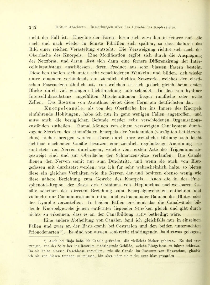 nicht der Fall ist. Einzelne der Fasern lösen sieh zuweilen in feinere auf, die nach und nach wieder in feinste Fibrillen sich spalten, so dass dadurch das Bild einer reichen Verästelung entsteht. Die Verzweigung richtet sich nach der Oberfläche des Knorpels. Eine Modifieation ergibt sich durch die Ausprägung der Netzform, und daran lässt sich dann eine fernere DifFerenzirung der Inter- cellularsubstanz anschliessen, deren Product aus sehr blassen Fasern besteht. Dieselben theilen sich unter sehr verschiedenen Winkeln, und bilden, sich wieder unter einander verbindend, ein ziemlich dichtes Netzwerk, welches den elasti- schen Fasernetzen ähnlich ist, von welchen es sich jedoch gleich beim ersten Blicke durch viel geringere Lichtbrechung unterscheidet. In den von hyaliner Intercellularsubstanz angefüllten Maschenräumen liegen rundliche oder ovale Zellen. Das Rostrum von Acanthias bietet diese Form am deutlichsten dar. Knorpelcanäle, als von der Oberfläche her ins Innere des Knorpels einführende Höhlungen, habe ich nur in ganz wenigen Fällen angetroffen, und muss auch die bezüglichen Befunde wieder sehr verschiedenen Organisations- zuständen zutheilen. Einmal können von einem verzweigten Canalsystem durch- zogene Strecken des ethmoi'dalen Knorpels der Noticlaniden (vorzüglich bei Hexan- chus) hieher bezogen werden. Diese durch ihre weissliche Färbung sich leicht sichtbar machenden Canäle besitzen eine ziemlich regelmässige Anordnung; sie sind stets von Nerven durchzogen, welche vom ersten Aste des Trigeminus ab- gezweigt sind und zur Oberfläche der Schnauzenspitze verlaufen. Die Canäle dienen den Nerven somit nur zum Durchtritt, und wenn sie auch von Blut- gefässen mit durchsetzt werden, was ich für sehr wahrscheinlich halte, so bieten diese ein gleiches Verhalten wie die Nerven dar und besitzen ebenso wenig wie diese nähere Beziehung zum Gewebe des Knorpels. Auch die in der Prae- sphenoi'd-Region der Basis des Craniums von Heptanchus nachweisbaren Ca- näle scheinen der directen Beziehung zum Knorpelgewebe zu entbehren und vielmehr nur Communicationen intra- und extracranialer Bahnen des Blutes oder der Lymphe vorzustellen. In beiden Fällen erscheint das die Canalwände bil- dende Knorpelgewebe jenem entfernter liegender Strecken gleich und gibt durch nichts zu erkennen, dass es an der Canalbildung activ betheiligt wäre. Eine andere Abtheilung von Canälen fand ich gleichfalls nur in einzelnen Fällen und zwar an der Basis cranii bei Cestracion und den beiden untersuchten Prionodonarten *). Es sind von aussen senkrecht eindringende, bald etwas gebogen, *) Auch bei Raja habe ich Canäle gefunden, die vielleicht hieher gehören. Es sind ver- zweigte, von der Seite her ins Rostrum eindringende Gebilde, welche Blutgefässe zu führen schienen. Da sie keine blossen Durchlässe vorstellen, wie die Canäle im Rostrum von Hexanchus, glaubte ich sie von diesen trennen zu müssen, bin aber über sie nicht ganz klar geworden.