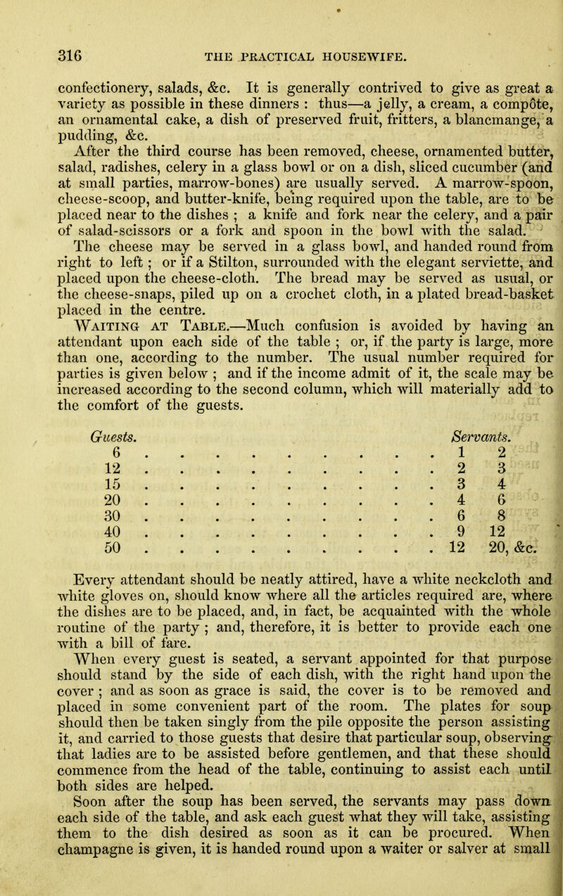 confectionery, salads, &c. It is generally contrived to give as great a variety as possible in these dinners : thus—a jelly, a cream, a compote, an ornamental cake, a dish of preserved fruit, fritters, a blancmange, a pudding, &c. After the third course has been removed, cheese, ornamented butter, salad, radishes, celery in a glass bowl or on a dish, sliced cucumber (and at small parties, marrow-bones) are usually served. A marrow-spoon, cheese-scoop, and butter-knife, being required upon the table, are to be placed near to the dishes ; a knife and fork near the celery, and a pair of salad-scissors or a fork and spoon in the bowl with the salad. The cheese may be served in a glass bowl, and handed round from right to left ; or if a Stilton, surrounded with the elegant serviette, and placed upon the cheese-cloth. The bread may be served as usual, or the cheese-snaps, piled up on a crochet cloth, in a plated bread-basket placed in the centre. Waiting at Table.—Much confusion is avoided by having an attendant upon each side of the table ; or, if the party is large, more than one, according to the number. The usual number required for parties is given below ; and if the income admit of it, the scale may be increased according to the second column, which will materially add to the comfort of the guests. Guests, Servants, 6 12 12 2 3 15 ... 34 20 4 G 30 6 8 40 9 12 50 12 20, &c. Every attendant should be neatly attired, have a white neckcloth and white gloves on, should know where all the articles required are, where the dishes are to be placed, and, in fact, be acquainted with the whole routine of the party ; and, therefore, it is better to provide each one with a bill of fare. When every guest is seated, a servant appointed for that purpose should stand by the side of each dish, with the right hand upon the cover ; and as soon as grace is said, the cover is to be removed and placed in some convenient part of the room. The plates for soup should then be taken singly from the pile opposite the person assisting it, and carried to those guests that desire that particular soup, observing- that ladies are to be assisted before gentlemen, and that these should commence from the head of the table, continuing to assist each until both sides are helped. Soon after the soup has been served, the servants may pass down each side of the table, and ask each guest what they will take, assisting them to the dish desired as soon as it can be procured. When champagne is given, it is handed round upon a waiter or salver at small