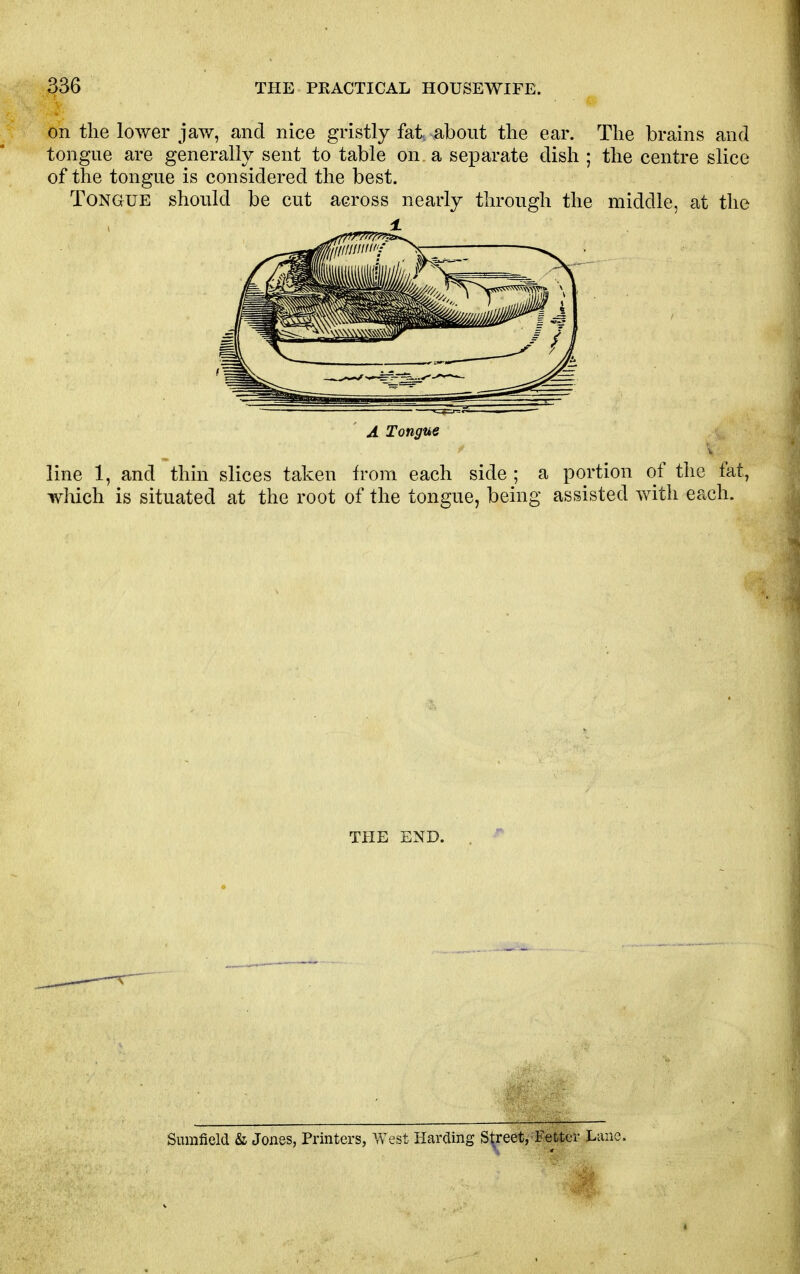 on the lower jaw, and nice gristly fat, about the ear. The brains and tongue are generally sent to table on a separate dish ; the centre slice of the tongue is considered the best. Tongue should be cut across nearly through the middle, at the A Tongue line 1, and thin slices taken from each side ; a portion of the fat, which is situated at the root of the tongue, being assisted with each. THE END. Sumfield & Jones, Printers, West Harding Street, Fetter Lane.