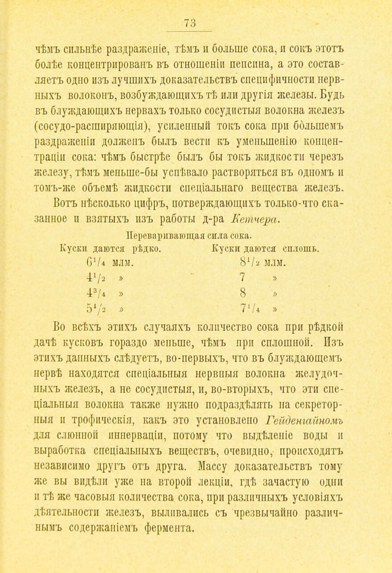 чѣмъ силыіѣе раздра/кеніе, тѣмъ и больше сока, и сокъ этотъ болѣе концентрированъ въ отношеніи пепсина, а это состав- ляетъ одно изъ лучшихъ доказательствъ специфичности иерв- ныхъ волоконъ, возбушдающихъ тѣ или другія железы. Будь въ блуждаіощихъ нервахъ только сосудистыя волокна железъ (сосудо-расширяющія), усиленный токъ сока при большемъ раздраженіп долженъ былъ вести къ уменьшенііо коицен- трацін сока: чѣмъ быстрѣе былъ бы токъ лиідкости черезъ железу, тѣлъ меньше-бы успѣвало растворяться въ одномъ и томъ-же объемѣ ікидкссти спеціальнаго вещества железъ. Вотъ нѣсколько цифръ, потверждающихъ только-что ска- занное и взятыхъ изъ работы д-ра Еетчера. Во всѣхъ этихъ случаяхъ количество сока при рѣдкоіі дачѣ кусковъ гораздо меньше, чѣмъ при сплошной, Изъ этихъ данныхъ слѣдуетъ, во-первыхъ, что въ блулідаіощеиъ нервѣ находятся спеціальныя нервныя волокна желудпч- ныхъ 5келезъ, а не сосудистыя, и, во-вторыхъ, что эти спе- ціальныя волокна так}ке нужно подраздѣлять на секретор- ныя и трофическія, какъ это установлено Гейдетайномъ для слюнной иннерваціи, потому что выдѣленіе воды и выработка спеціальныхъ веществъ, очевидно, происходятъ независимо другъ отъ друга. Массу доказательствъ тому же вы видѣли уліе на второй лекціи, гдѣ зачастую одни и тѣ же часовыя количества сока, при различныхъ условіяхъ дѣятельности ;келезъ, выливались съ чрезвычайно различ- нымъ содержаніемъ фермента. Переваривающая сида сока. Куски даются рѣдко. Куски даются сплошь. 0^4 млм 4^/4 » 5^'2 >■> 8^2 млм. 7 » 8 7'/4 »