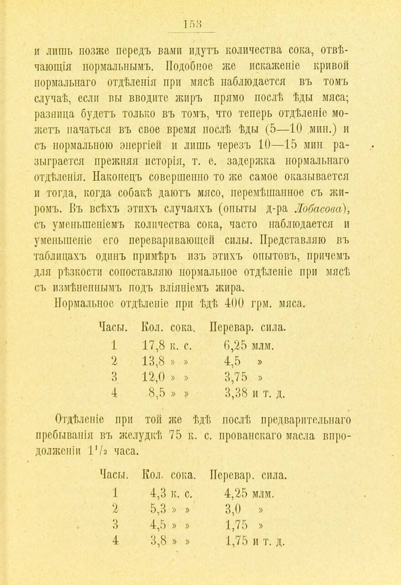 и лишь позже передъ вами идутъ количества сока, отвѣ- чающія ііормальнымъ. Подобное же искалгеніе кривой ііормальнаго отдѣленія при мясѣ наблюдается въ томъ случаѣ, если вы вводите ншръ прямо послѣ ѣды мяса; разница будетъ только въ томъ, что теперь отдѣленіе мо- }кетъ начаться въ свое время послѣ ѣды (5—10 мин.) и съ нормальною энергіей и лишь черезъ 10—15 мин. ра- зыграется прежняя исторія, т. е. задержка нормальнаго отдѣленія. Наконецъ совершенно то лш самое оказывается и тогда, когда собакѣ даютъ мясо, перемѣшаиное съ лш- ромъ. Въ всѣхъ этихъ случаяхъ (опыты к-^а, Лобасова), съ уменьшеніемъ количества сока, часто наблюдается и уменьшеніе его переваривающей силы. Представляю въ таблицахъ одинъ примѣръ изъ этихъ опытовъ, причемъ для рѣзкости сопоставляю нормальное отдѣленіе при мясѣ съ измѣненнымъ подъ вліяніемъ лшра. Нормальное отдѣленіе при ѣдѣ 400 три. мяса. Часы. Кол. сока. Перевар, сила. 1 17,8 к. с. 6,25 млм. 2 13,8 » » 4,5 » 3 12,0 » » 3,75 » 4 8,5 » >> 3,38 и т. д. Отдѣлеиіе при той л;е ѣдѣ послѣ предварительнаго пребываиія въ ліелудкѣ 75 к. с. прованскаго масла впро- долліеніи ѴІ2 часа. Часы. Кол. сока. Перевар, сила. 1 4,3 к. с. 4,25 млм. 2 5,3 » » 3,0 » 3 4,5 » » 1,75 »