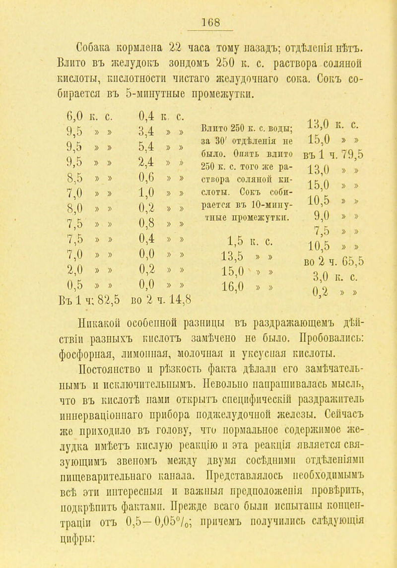 Собака кормлена 22 часа тому ііазадъ; отдѣлспія нѣтъ. Влито въ желудокъ зондомъ 250 к. с. раствора соляной кислоты, кислотности чистаго ліелудочнаго сока. Сокъ со- бирается въ 5-мииутные промеліутки. Влито 250 к. с. воды; за 30' отдѣлеііія не было. Опять влито 250 к. с. того же ра- створа соляной ки- слоты. Сокъ соби- рается въ 10-мішу- тные промежутки. 6,0 К. с. 9,5 » » 9,5 » » 9,5 » » 8,5 » » 7,0 » » 8,0 » » 7,5 » » 7,5 » » 7,0 » » 2,0 » » 0,5 » » Въ 1 ч; 82,5 0,4 к. с. 3,4 » » 5,4 » » 2,4 » » 0,6 » » 1,0 » » 0,2 » » 0,8 » » 0,4 » » 0,0 » » 0,2 » » 0,0 » » во 2 ч. 14,8 1,5 к. с. 13,5 » » 15,0 ^> » 16,0 » » 13,0 I и с. 15,0 » » въ 1 ч. 79,5 13,0 » » 15,0 » » 10,5 » і- 9,0 » » 7,5 » » 10,5 » » во 2 ч. 65,5 3,0 к. с. 0,2 » » Никакой особенной разницы въ раздражающемъ дѣй- ствіи разныхъ кислотъ замѣчено не было. Пробовались: фосфорная, лимонная, молочная и уксусная кислоты. Постоянство и рѣзкость факта дѣлали его замѣчатель- нымъ и исключительнымъ. Невольно напрашивалась мысль, что въ ішслотѣ нами открытъ специфическій раздражитель иннерваціоннаго прибора поджелудочной железы. Сейчасъ же приходило въ голову, что нормальное содержимое же- лудка имѣетъ кислую реакцію и эта реакція является свя- зующимъ звеномъ меікду двумя сосѣдними отдѣлеиіями пищеварительнаго канала. Представлялось нсобходимымъ всѣ эти интересныя и валіінля прсдпололсенія провѣрить, подкрѣпить фактами. Прежде всаго были испытаны концеп- траціи отъ 0,5—0^05°/о; причемъ получились слѣдующія цифры: