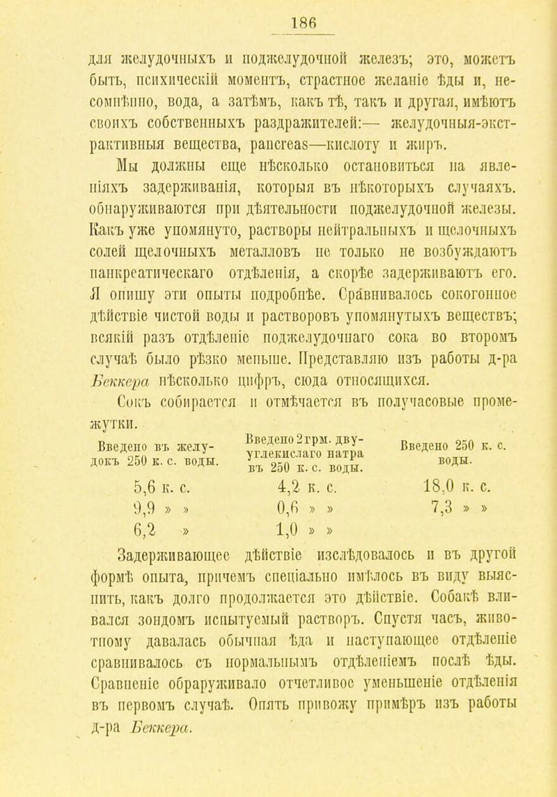 для желудочныхъ ы поджелудочной железъ; это, можетъ быть, психическій момегітъ, страстное желапіе ѣды и, не- сомііѣтіо, вода, а затѣмъ, какъ тѣ, такъ и другая, имѣіотъ своихъ собствеііныхъ раздражителей:— желудочиыя-экст- рактивныя вещества, рапсгеаз—кислоту и жііръ. Мы должны еще нѣсколько остановиться на явле- ніяхъ задерживанія, которыя въ нѣкоторыхъ случаяхъ. обнаруживаются при дѣятельиости поджелудочной железы. Какъ уже упомянуто, растворы нейтральныхъ и щслочиыхъ солей щелочныхъ металловъ не только не возбуждаютъ наикреатическаго отдѣленія, а скорѣе задерживаютъ его, Я опишу эти опыты нодробпѣе. Сравнивалось сокогонное дѣйствіе чистой воды и растворовъ упомянутыхъ веществъ; псякій разъ отдѣлеиіс ноджелудочпаго сока во второмъ случаѣ было рѣзко меньше. Представляю пзъ работы д-ра Беккера пѣсколько цифръ, сюда относящихся. Сои'ь собирается и отмѣчается въ получасовые проме- ніутки. Введено въ жеяу- ^^^ГисіГнат ''^'^'^' ^50 к. с. ' док. 250 к. с. водя. ^/.^^^ І , воХ 5,6 к. с. 4,2 к. с. 18,0 к. с. 9,9 » » 0,Я » » 7,3 » » 6,2 » 1,0 » » Задерживающее дѣйствіе изслѣдовалось и въ другой формѣ опыта, прмчемъ сненіально имѣлось въ виду выяс- нить, какъ долго продолжается это дѣііствіе. Собакѣ вли- вался зондомъ испытуемый растворъ. Спустя часъ, живо- тному давалась обычная ѣда и наступающее отдѣленіе сравнивалось съ нормальпымъ отдѣленіемъ послѣ ѣды. Сравненіс обрарулшвало отчетливое уменьшеніе отдѣлепія въ нервомъ случаѣ. Опять прііволсу прпмѣръ изъ работы д-ра Беккера.
