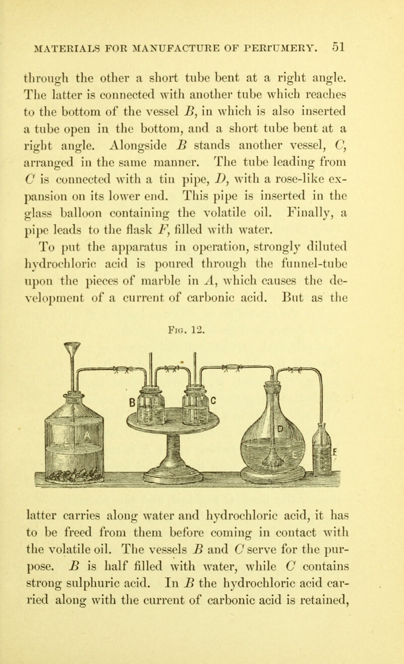 til rough the other a short tube bent at a right angle. The latter is connected with anothei- tube which reaches to the bottom of the vessel in which is also inserted a tube open in the bottom, and a short tube bent at a right angle. Alongside B stands another vessel, C, arranged in the same manner. The tube leading from C is connected with a tin pipe, D, with a rose-like ex- pansion on its lower end. This pipe is inserted in the glass balloon containing the volatile oil. Finally, a pipe leads to the flask filled with water. To put the apparatus in operation, strongly diluted hydrochloric acid is poured through the funnel-tube upon the pieces of marble in yl, which causes the de- velopment of a current of carbonic acid. But as the Fir.. 12. latter carries along water and hydrochloric acid, it has to be freed from them before coming in contact with the volatile oil. The vessels B and C serve for the pur- pose. B is half filled with water, while C contains strong sulphuric acid. In B the hydrochloric acid car- ried along with the current of carbonic acid is retained,