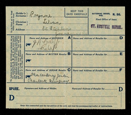 Rationing order, 1918 : N.86 : Food Office of Issue : St. Austell rural. ... : counterfoil ... / [Ministry of Food].