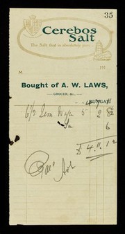 Cerebos Salt : the salt that is absolutely pure : bought of A.W. Laws, grocer, &c., Bungay.