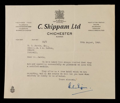 C. Shippam Ltd. : Chichester, Sussex : founded 1750 ... : meat & fish pastes, soups, sausages, tongues, invalid specialities.