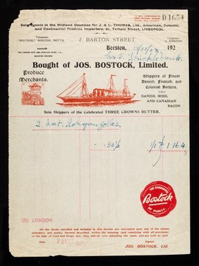 Bought of Jos. Bostock, Limited : produce merchants ... sole shippers of Three Crowns Butter.