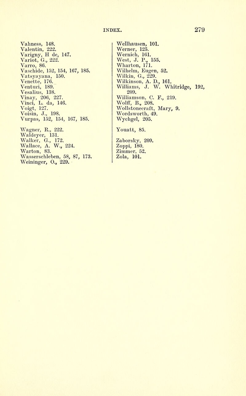 Vahness, 148. Valentin, 222. Varigny, H de, 147. Variot, G., 222. Varro, 86. Vaschide, 152, 154, 167, 185. Vatsyayana, 150. Venette, 176. Venturi, 189. Vesalius, 138. Vinay, 206, 227. Vinci, L. da, 146. Voigt, 127. Voisin, J., 198. Vurpas, 152, 154, 167, 185. Wagner, R., 222. Waldeyer, 131. Walker, G., 172. Wallace, A. W., 224. Warton, 83. Wasserschleben, 58, 87, 173, Weininger, 0., 229. Wellhausen, 101. Werner, 125. Wernich, 161. West, J. P., 155. Wharton, 171. Wilhelm, Eugen, 52. Wilkin, G., 229. Wilkinson, A. D.3 161. Williams, J. W. Whitridge, 192, 209. Williamson, C. F., 219. Wolff, B., 208. Wollstonecraft, Mary, 9. Wordsworth, 49. Wychgel, 205. Youatt, 85. Zaborsky, 209. Zoppi, 180. Zimmer, 52. Zola, 101.