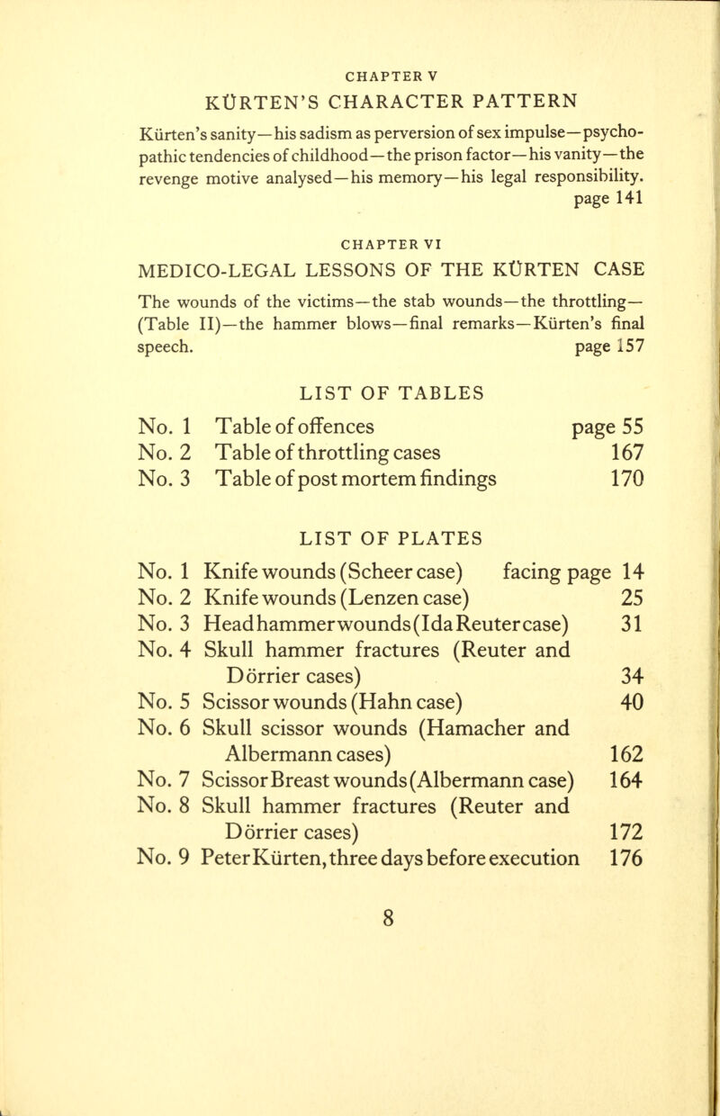 KURTEN'S character pattern Kiirten's sanity—his sadism as perversion of sex impulse—psycho- pathic tendencies of childhood—the prison factor—his vanity—the revenge motive analysed—his memory—his legal responsibility. page 141 CHAPTER VI MEDICO-LEGAL LESSONS OF THE Kt)RTEN CASE The wounds of the victims—the stab wounds—the throttling— (Table II)—the hammer blows—final remarks—Kiirten's final speech. page 157 LIST OF TABLES No. 1 Table of offences page 55 No. 2 Table of throttling cases 167 No. 3 Table of post mortem findings 170 LIST OF PLATES No. 1 Knife wounds (Scheer case) facing page 14 No. 2 Knife wounds (Lenzen case) 25 No. 3 Headhammerwounds(IdaReutercase) 31 No. 4 Skull hammer fractures (Reuter and Dorrier cases) 34 No. 5 Scissor wounds (Hahn case) 40 No. 6 Skull scissor wounds (Hamacher and Albermann cases) 162 No. 7 ScissorBreast wounds (Albermann case) 164 No. 8 Skull hammer fractures (Reuter and Dorrier cases) 172 No. 9 Peter Kurten, three days before execution 176
