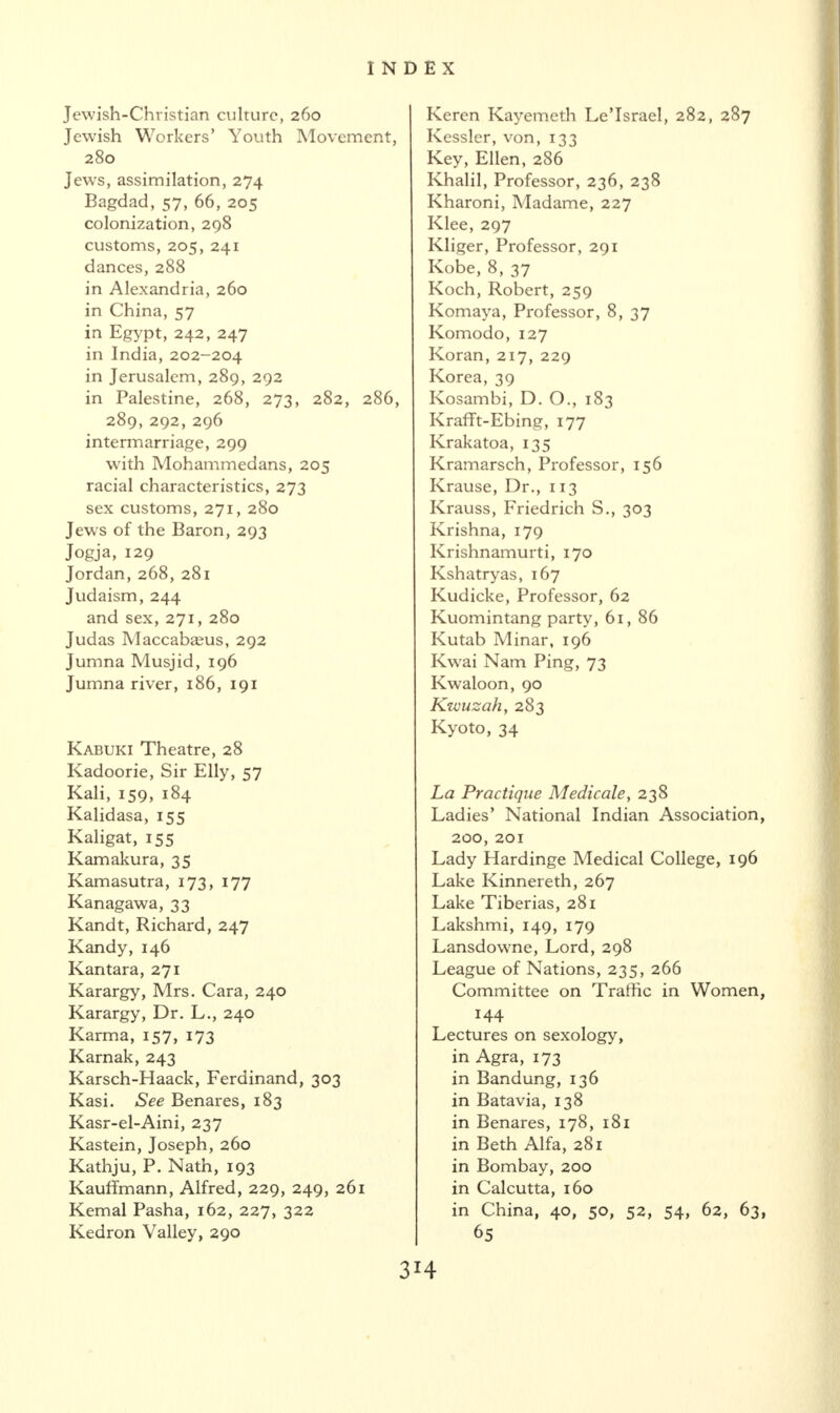 Jewish-Christian culture, 260 Jewish Workers’ Youth Movement, 280 Jews, assimilation, 274 Bagdad, 57, 66, 205 colonization, 298 customs, 205, 241 dances, 288 in Alexandria, 260 in China, 57 in Egypt, 242, 247 in India, 202-204 in Jerusalem, 289, 292 in Palestine, 268, 273, 282, 286, 289,292,296 intermarriage, 299 with Mohammedans, 205 racial characteristics, 273 sex customs, 271, 280 Jews of the Baron, 293 Jogja, 129 Jordan, 268, 281 Judaism, 244 and sex, 271, 280 Judas Maccabaeus, 292 Jumna Musjid, 196 Jumna river, 186, 191 Kabuki Theatre, 28 Kadoorie, Sir Elly, 57 Kali, 159, 184 Kalidasa, 155 Kaligat, 155 Kamakura, 35 Kamasutra, 173, 177 Kanagawa, 33 Kandt, Richard, 247 Kandy, 146 Kantara, 271 Karargy, Mrs. Cara, 240 Karargy, Dr. L., 240 Karma, 157, 173 Karnak, 243 Karsch-Haack, Ferdinand, 303 Kasi. See Benares, 183 Kasr-el-Aini, 237 Kastein, Joseph, 260 Kathju, P. Nath, 193 Kauffmann, Alfred, 229, 249, 261 Kemal Pasha, 162, 227, 322 Kedron Valley, 290 Keren Kayemeth Le’Israel, 282, 287 Kessler, von, 133 Key, Ellen, 286 Khalil, Professor, 236, 238 Kharoni, Madame, 227 Klee, 297 Kliger, Professor, 291 Kobe, 8, 37 Koch, Robert, 259 Komaya, Professor, 8, 37 Komodo, 127 Koran, 217, 229 Korea, 39 Kosambi, D. O., 183 Krafft-Ebing, 177 Krakatoa, 135 Kramarsch, Professor, 156 Krause, Dr., 113 Krauss, Friedrich S., 303 Krishna, 179 Krishnamurti, 170 Kshatryas, 167 Kudicke, Professor, 62 Kuomintang party, 61, 86 Kutab Minar, 196 Kwai Nam Ping, 73 Kwaloon, 90 Kwuzah, 283 Kyoto, 34 La Practique Medicate, 238 Ladies’ National Indian Association, 200,201 Lady Hardinge Medical College, 196 Lake Kinnereth, 267 Lake Tiberias, 281 Lakshmi, 149, 179 Lansdowne, Lord, 298 League of Nations, 235, 266 Committee on Traffic in Women, 144 Lectures on sexology, in Agra, 173 in Bandung, 136 in Batavia, 138 in Benares, 178, 181 in Beth Alfa, 281 in Bombay, 200 in Calcutta, 160 in China, 40, 50, 52, 54, 62, 63, 65 3H