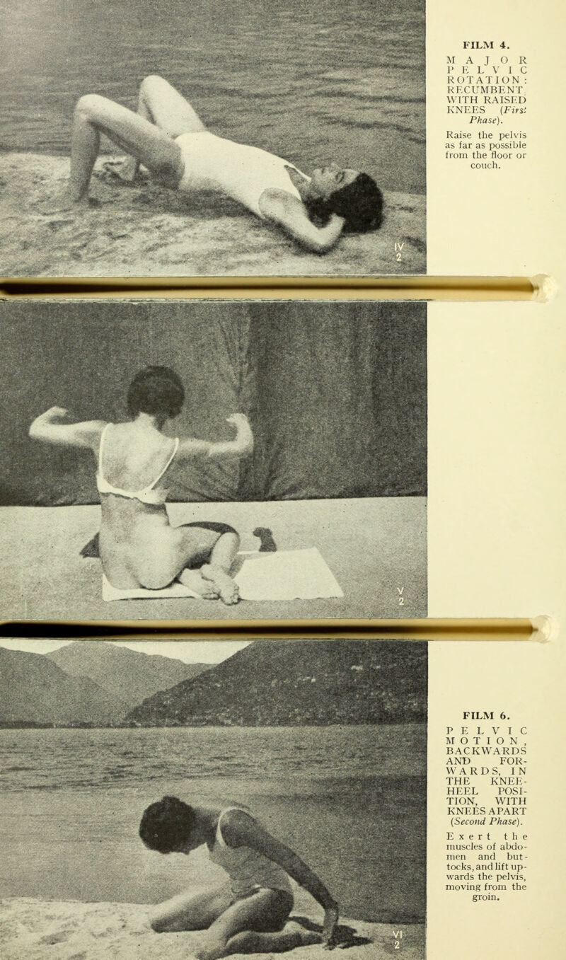 MAJOR P E L V I C ROTATION: KFXUMBENT WITH RAISED KNEES (First Phase). Raise the pelvis as far as possible from the floor or couch. FILM 6. PELVIC MOTION, BACKWARDS AND FOR- WARDS, IN THE KNEE- HEEL POSI- TION, WITH KNEES APART (Second Phase). Exert the muscles of abdo- men and but - tocks, and lift up- wards the pelvis, moving from the groin.