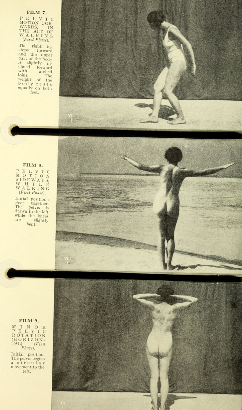 PELVIC MOTION FOR- WARDS, in THE ACT OF WALKING (First Phase). The right leg steps forward and the upper part of the body is slightly in- clined forward with arched loins. The weight of the body rests equally on both feet. FILM 8. PELVIC MOTION SIDEWAYS, W H I L E WALKING (First Phase). Initial position : Feet together. The pelvis is drawn to the left while the knees are slightly bent.