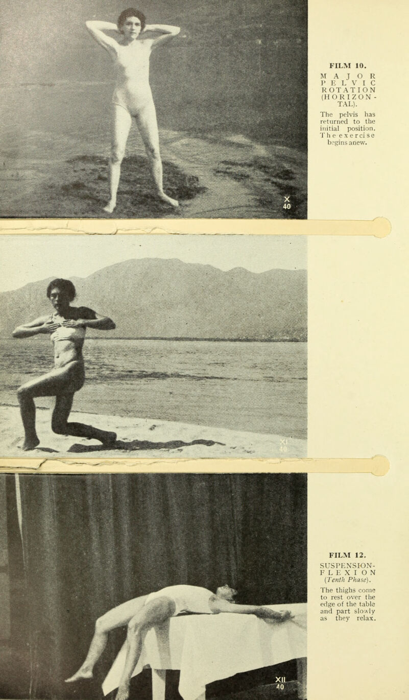 MAJOR PELVIC ROTATION (HORIZON- TAL). The pelvis has returned to the initial position. The exercise b?gins anew. FILM 12. HH SUSPENSION- —MM FLEX:0N The thighs come to rest over the edge of the table and part slowly as they relax.