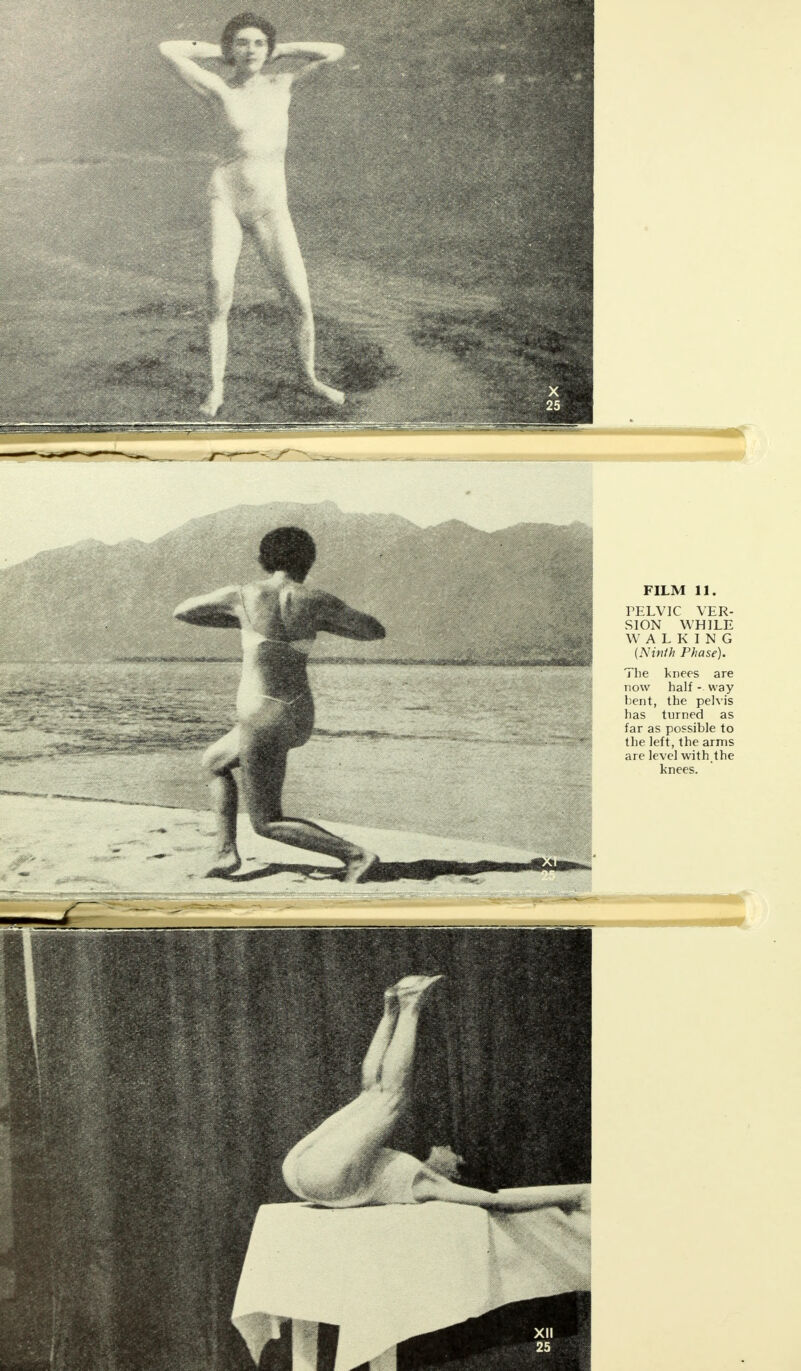 PELVIC VER- SION WHILE WALKING (Ninth Phase). The knees are now half - way bent, the pelvis has turned as far as possible to the left, the arms are level with the hnees.