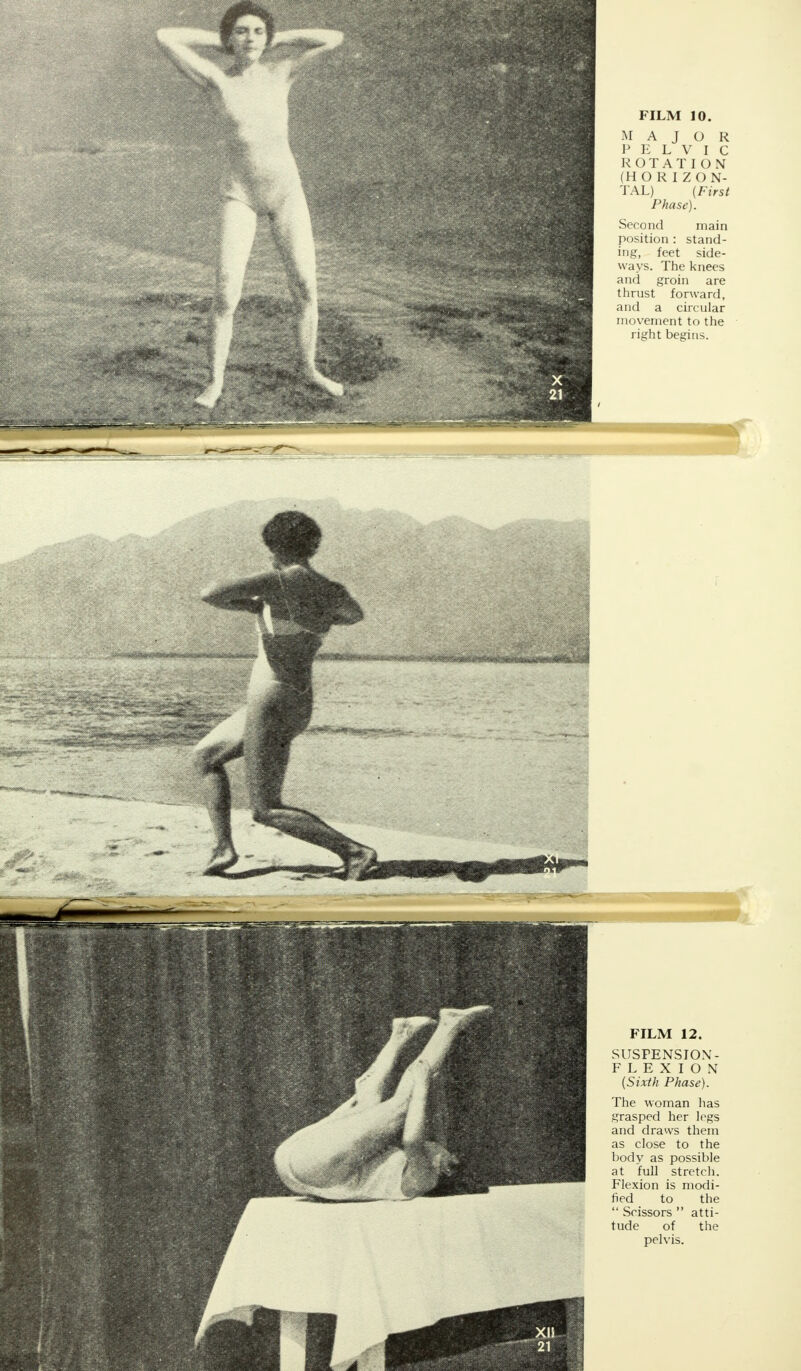 SUSPENSION - FLEXION {Sixth Phase). The woman lias grasped her legs and draws them as close to the body as possible at full stretch. Flexion is modi- fied to the  Scissors  atti- tude of the pelvis.