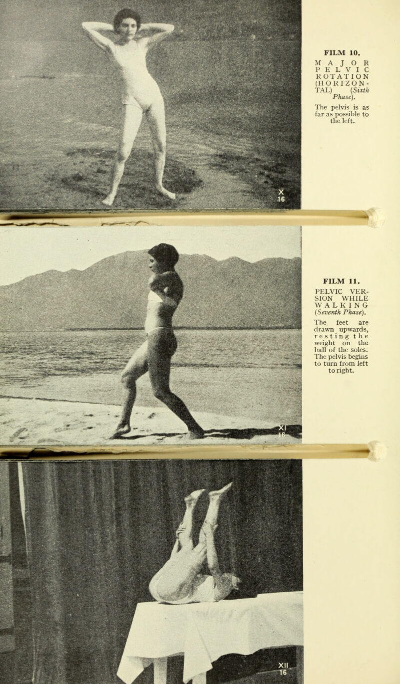 MAJOR PELVIC ROTATION (HORIZON- TAL) {Sixth Phase). The pelvis is as far as possible to the left. FILM 11. PELVIC VER- SION WHILE WALKING (Seventh Phase). The feet are drawn upwards, resting the weight on the ball of the soles. The pelvis begins to turn from left to right.