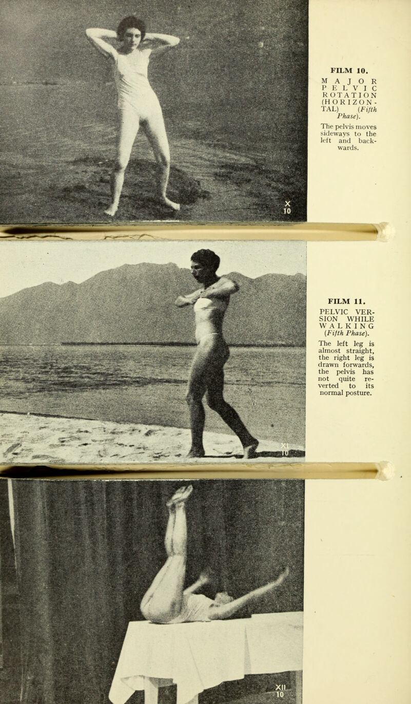 MAJOR PELVIC ROTATION (HORIZON- TAL) (Fifth Phase). The pelvis moves sideways to the left and back- wards. FILM 11. PELVIC VER- SION WHILE WALKING {Fifth Phase). The left leg is almost straight, the right leg is drawn forwards, the pelvis has not quite re- verted to its normal posture.
