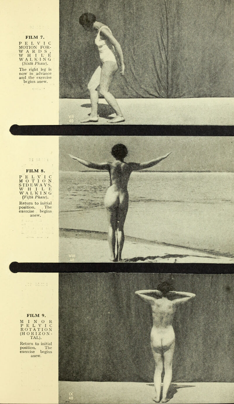 FILM 7. PELVIC MOTION FOR- WARDS, WHILE W A L K I N G (Sixth Phase). The right leg is now in advance and the exercise begins anew. FILM 8. PELVIC MOTION SIDEWAYS, W H I L E WALKING (Fifth Phase). Return to initial position. The exercise begins anew.