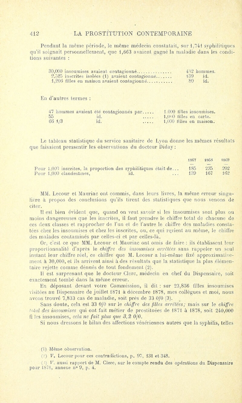 Pendant la même période, le même médecin constatait, sur 1,741 syphilitiques qu'il soignait personnellement, que 1,663 avaient gagné la maladie dans les condi- tions suivantes : 30,000 insoumises avaient contagioané 432 hommes. 2,525 inscrites isolées (1) avaient contagionné 139 id. 1,206 filles en maison avaient contagionné 80 id. En d'autres termes : 47 hommes avaient été contagionnés par..... 1.000 filles insoumises. 55 id. i,Oi i0 tilles en carte. 66 1/3 id. 1,000 filles en maison. Le tableau statistique du service sanitaire de Lyon donne les mômes résultats que faisaient pressentir les observations du docteur Diday : 1867 1868 4869 Pour j,000 inscrites, la proportion des syphilitiques était de... 185 235 202 Pour 1,000 clandestines, id. ... 139 167 162 MM. Lecour et Mauriac ont commis, dans leurs livres, la même erreur singu- lière à propos des conclusions qu'ils tirent des statistiques que nous venons de citer. 11 est bien évident que, quand on veut savoir si les insoumises sont plus ou moins dangereuses que les inscrites, il faut prendre le chiffre total de chacune de ces deux classes et rapprocher de l'un et de l'autre le chiffre des maladies consta- tées chez les insoumises et chez les inscrites, ou, ce qui revient au même, le chiffre des malades contaminés par celles-ci et par celles-là. Or, c'est ce que MM. Lecour et Mauriac ont omis de faire : ils établissent leur proportionnalité d'après le chiffre des insoumises arrêtées sans rappeler un seul instant leur chiffre réel, ce chiffre que M. Lecour a lui-même fixé approximative- ment à 30,000, et ils arrivent ainsi à des résultats que la statistique la plus élémen- taire rejette comme dénués de tout fondement (2). 11 est surprenant que le docteur Clerc, médecin en chef du Dispensaire, soit exactement tombé dans la même erreur. En déposant devant votre Commission, il dit : sur 23,856 filles insoumises visitées au Dispensaire de juillet 1871 à décembre 1878, mes collègues et moi, nous avons trouvé 7,833 cas de maladie, soit près de 33 0/0 (3). Sans doute, cela est 33 0/0 sur le chiffre des filles arrêtées; mais sur le chiffre total des insoumises qui ont fait métier de prostituées de 1871 à 1878, soit 240,000 fi les insoumises, cela ne fait plus que 3,2 0J0. Si nous dressons le bilan des affections vénériennes autres que la syphilis, telles (1) Même observation. (2) V» Lecour pour ces contradictions, p. 97, 131 et 348. ( !) V. aussi rapport de M. Clerc, sur le compte rendu des opérations du Dispensaire pour 1S7S, annexe n° 9, p. 4.
