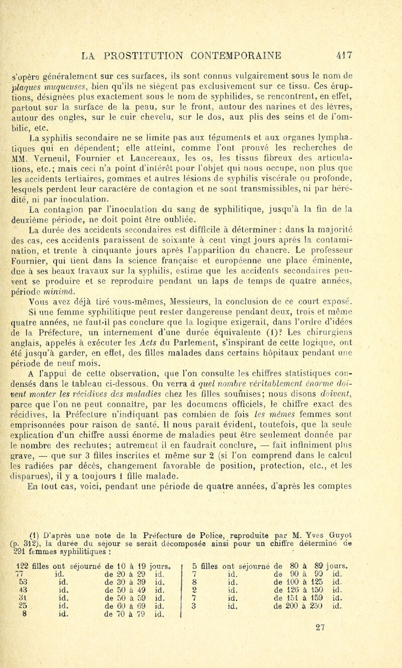 s'opère généralement sur ces surfaces, ils sont connus vulgairement sous le nom de plaques muqueuses, bien qu'ils ne siègent pas exclusivement sur ce tissu. Ces érup- tions, désignées plus exactement sous le nom de syphilides, se rencontrent, en effet, partout sur la surface de la peau, sur le front, autour des narines et des lèvres, autour des ongles, sur le cuir chevelu, sur le dos, aux plis des seins et de l'om- bilic, etc. La syphilis secondaire ne se limite pas aux téguments et aux organes lympha- ticpies qui en dépendent; elle atteint, comme l'ont prouvé les recherches de MM. Verneuil, Fournier et Laucereaux, les os, les tissus fibreux des articula- lions, etc.; mais ceci n'a point d'intérêt pour l'objet qui nous occupe, non plus que les accidents tertiaires, gommes et autres lésions de syphilis viscérale ou profonde, lesquels perdent leur caractère de contagion et ne sont transmissibles, ni par héré- dité, ni par inoculation. La contagion par l'inoculation du sang de syphilitique, jusqu'à la fin de la deuxième période, ne doit point être oubliée. La durée des accidents secondaires est difficile à déterminer : dans la majorité des cas, ces accidents paraissent de soixante à cent vingt jours après la contami- nation, et trente à cinquante jours après l'apparition du chancre. Le professeur Fournier, qui tient dans la science française et européenne une place éminente, due à ses beaux travaux sur la syphilis, estime que les accidents secondaires peu- vent se produire et se reproduire pendant un laps de temps de quatre années, période minimâ. Vous avez déjà tiré vous-mêmes, Messieurs, la conclusion de ce court exposé. Si une femme syphilitique peut rester dangereuse pendant deux, trois et même quatre années, ne faut-il pas conclure que la logique exigerait, dans l'ordre d'idées de la Préfecture, un internement d'une durée équivalente (1)? Les chirurgiens anglais, appelés à exécuter les Acts du Parlement, s'inspirant de cette logique, ont été jusqu'à garder, en effet, des filles malades dans certains hôpitaux pendant une période de neuf mois. A l'appui de cette observation, que l'on consulte les chiffres statistiques con- densés dans le tableau ci-dessous. On verra à quel nombre véritablement énorme doi- vent monter les récidives des maladies chez les filles soumises ; nous disons doivent, parce que l'on ne peut connaître, par les documens officiels, le chiffre exact des récidives, la Préfecture n'indiquant pas combien de fois les mêmes femmes sont emprisonnées pour raison de santé. Il nous paraît évident, toutefois, que la seule explication d'un chiffre aussi énorme de maladies peut être seulement donnée par le nombre des rechutes; autrement il en faudrait conclure, — fait infiniment plus grave, — que sur 3 filles inscrites et même sur 2 (si l'on comprend dans le calcul les radiées par décès, changement favorable de position, protection, etc., et les disparues), il y a toujours 1 fille malade. En fout cas, voici, pendant une période de quatre années, d'après les comptes (1) D'après une note de la Préfecture de Police, reproduite par M. Yves Guyot (p. 312), la durée du séjour se serait décomposée ainsi pour un chiffre déterminé do 291 femmes syphilitiques : 122 filles ont séjourné de 10 à 19 jours, 77 id. de 20 à 29 id. 53 id. de 30 à 39 id. 43 id. de 50 à 49 id. 31 id. de 50 à 59 id. 25 id. de 60 à 69 id. 8 id. de 70 à 79 id. 5 filles ont séjourné de 80 à 89 jours, 7 id. de 90 à 99 id. 8 id. de 100 à 125 id. 2 id. de 126 à 150 id. 7 id. de 151 à 159 id. 3 id. de 200 à 250 id. 27