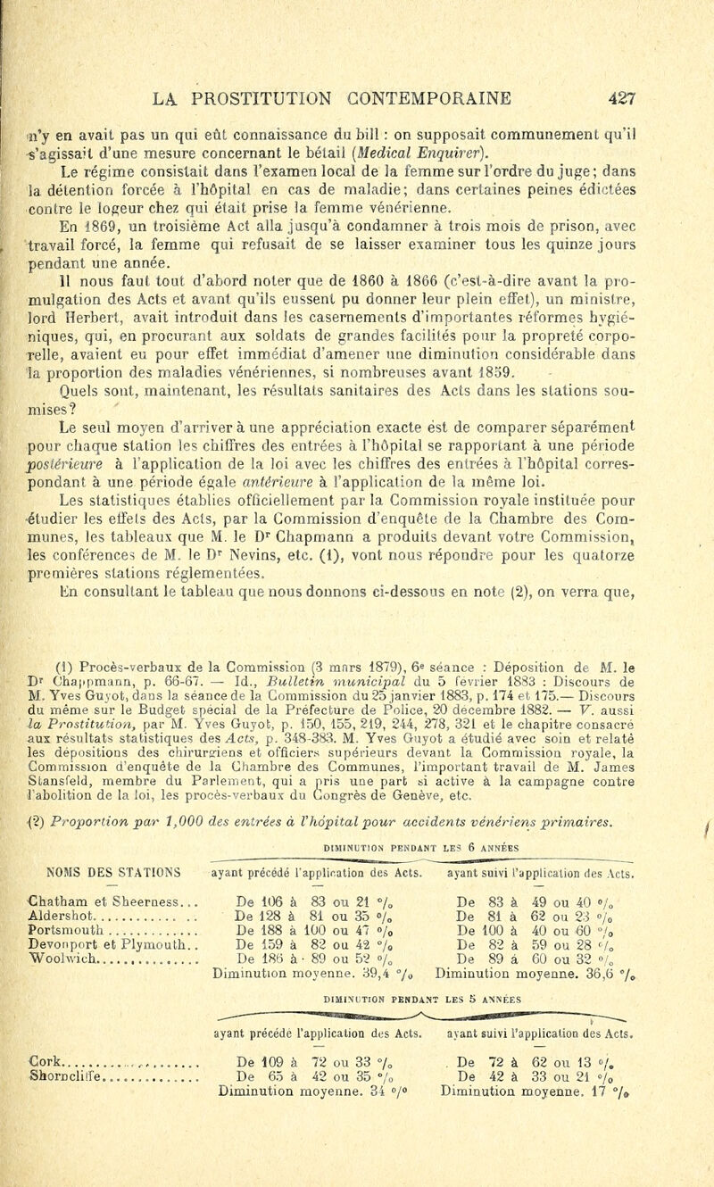 n'y en avait pas un qui eût connaissance du bill : on supposait communément qu'il -s'agissait d'une mesure concernant le bétail (Médical Enquirer). Le régime consistait dans l'examen local de la femme sur l'ordre du juge; dans la détention forcée à l'hôpital en cas de maladie; dans certaines peines édictées contre le logeur chez qui était prise la femme vénérienne. En 1869, un troisième Act alla jusqu'à condamner à trois mois de prison, avec travail forcé, la femme qui refusait de se laisser examiner tous les quinze jours pendant une année. 11 nous faut tout d'abord noter que de 1860 à 1866 (c'est-à-dire avant la pro- mulgation des Àcts et avant qu'ils eussent pu donner leur plein effet), un ministre, lord Herbert, avait introduit dans les casernements d'importantes réformes hygié- niques, qui, en procurant aux soldats de grandes facilités pour la propreté corpo- Telle, avaient eu pour effet immédiat d'amener une diminution considérable dans la proportion des maladies vénériennes, si nombreuses avant 1859. Quels sont, maintenant, les résultats sanitaires des Acts dans les stations sou- mises? Le seul moyen d'arriver à une appréciation exacte est de comparer séparément pour chaque station les chiffres des entrées à l'hôpital se rapportant à une période postérieure à l'application de la loi avec les chiffres des entrées à l'hôpital corres- pondant à une période égale antérieure à l'application de la même loi. Les statistiques établies officiellement par la Commission royale instituée pour •étudier les elfels des Acts, par la Commission d'enquête de la Chambre des Com- munes, les tableaux que M. le Dr Chapmann a produits devant votre Commission, les conférences de M. le Dr Nevins, etc. (1), vont nous répondre pour les quatorze premières stations réglementées. En consultant le tableau que nous donnons ci-dessous en note (2), on verra que, (1) Procès-verbaux de la Commission (3 mnrs 1879), 6e séance : Déposition de M. le Dr Chappmann, p. 66-67. — Id., Bulletin municipal du 5 février 1833 : Discours de M. Yves Guyot, dans la séance de la Commission du 25 janvier 1883, p. 174 et 175.— Discours du même sur le Budget spécial de la Préfecture de Police, 20 décembre 1882. — V. aussi la Prostitution, par M. Yves Guyot, p. 150, 155, 219, 244, 278, 321 et le chapitre consacré aux résultats statistiques des Acts, p. 348-383. M. Yves Guyot a étudié avec soin et relaté les dépositions des chirurgiens et officiers supérieurs devant la Commission royale, la Commission d'enquête de la Chambre des Communes, l'important travail de M. James Stansfeld, membre du Parlement, qui a pris une part si active à la campagne contre l'abolition de la loi, les procès-verbaux du Congrès de Genève, etc. (2) Proportion par 1,000 des entrées à Vhôpital pour accidents vénériens primaires. DIMINUTION PENDANT LES 6 ANNÉES NOMS DES STATIONS ayant précédé l'application des Acts. ayant suivi l'application des Acts. Chatham et Sheerness... De 106 à 83 ou 21 % De 83 à 49 ou 40 •/„ Aldershot. De 128 à 81 ou 35 »/„ De 81 à 62 ou 23 % Portsmouth De 188 à 100 ou 47 »/„ De 100 à 40 ou 60 °/0 Devonport et Plymouth.. De 159 à 82 ou 42 °/„ De 82 à 59 ou 28 <■/,„ Woolwich De 186 à • 89 ou 52 % De 89 â 60 ou 32 »/„ Diminution moyenne. 39,4 % Diminution moyenne. 36,6 %> DIMINUTION PENDANT LES 5 ANNÉES ™^^^^ mii^^^^^^^mm^ t — ayant précédé l'application des Acts. ayant suivi l'application des Acts. Cork De 109 à 72 ou 33 % De 72 à 62 ou 13 »/. Shorocliffe.... De 65 à 42 ou 35 % De 42 à 33 ou 21 «/„ Diminution moyenne. 34 °/° Diminution moyenne. 17 /»