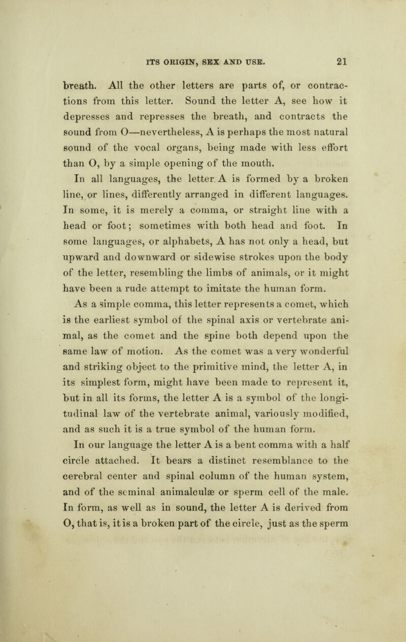 breath. All the other letters are parts of, or contrac¬ tions from this letter. Sound the letter A, see how it depresses and represses the breath, and contracts the sound from O—nevertheless, A is perhaps the most natural sound of the vocal organs, being made with less effort than O, by a simple opening of the mouth. In all languages, the letter A is formed by a broken line, or lines, differently arranged in different languages. In some, it is merely a comma, or straight line with a head or foot; sometimes with both head and foot. In some languages, or alphabets, A has not only a head, but upward and downward or sidewise strokes upon the body of the letter, resembling the limbs of animals, or it might have been a rude attempt to imitate the human form. As a simple comma, this letter represents a comet, which is the earliest symbol of the spinal axis or vertebrate ani¬ mal, as the comet and the spine both depend upon the same law of motion. As the comet was a very wonderful and striking object to the primitive mind, the letter A, in its simplest form, might have been made to represent it, but in all its forms, the letter A is a symbol of the longi¬ tudinal law of the vertebrate animal, variously modified, and as such it is a true symbol of the human form. In our language the letter A is a bent comma with a half circle attached. It bears a distinct resemblance to the cerebral center and spinal column of the human system, and of the seminal animalculae or sperm cell of the male. In form, as well as in sound, the letter A is derived from O, that is, it is a broken part of the circle, just as the sperm