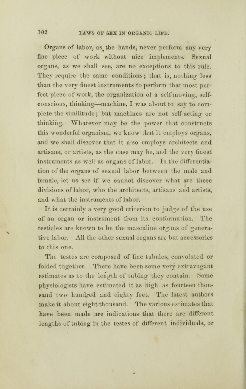 Organs of labor, as# the hands, never perform any very fine piece of work without nice implements. Sexual organs, as we shall see, are no exceptions to this rule. They require the same conditions; that is, nothing less than the very finest instruments to perform that most per¬ fect piece of work, the organization of a self-moving, self- conscious, thinking—machine, I was about to say to com¬ plete the similitude; but machines are not self-acting or thinking. Whatever may be the power that constructs this wonderful organism, we know that it employs organs, and we shall discover that it also employs architects and artisans, or artists, as the case may be, and the very finest instruments as well as organs of labor. In the differentia¬ tion of the organs of sexual labor between the male and female, let us see if we cannot discover what are these divisions of labor, who the architects, artisans and artists, and what the instruments of labor. It is certainly a very good criterion to judge of the use of an organ or instrument from its conformation. The testicles are known to be the masculine organs of genera¬ tive labor. All the other sexual organs are but accessories to this one. The testes are composed of fine tubules, convoluted or folded together. There have been some very extravagant estimates as to the length of tubing they contain. Some physiologists have estimated it as high as fourteen thou¬ sand two hundred and eighty feet. The latest authors make it about eight thousand. The various estimates that have been made are indications that there are different lengths of tubing in the testes of different individuals, or