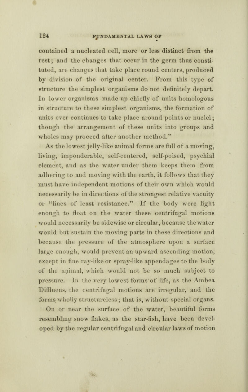 contained a nucleated cell, more or less distinct from the rest; and the changes that occur in the germ thus consti¬ tuted, are changes that take place round centers, produced by division of the original center. From this type of structure the simplest organisms do not definitely depart. In lower organisms made up chiefly of units homologous in structure to these simplest organisms, the formation of units ever continues to take place around points or nuclei; though the arrangement of these units into groups and wholes may proceed after another method.” As the lowest jelly-like animal forms are full of a moving, living, imponderable, self-centered, self-poised, psychial element, and as the water under them keeps them from adhering to and moving with the earth, it follows that they must have independent motions of their own which would necessarily be in directions of the strongest relative vacuity or “lines of least resistance.” If the body were light enough to float on the water these centrifugal motions would necessarily be sidewise or circular, because the water would but sustain the moving parts in these directions and because the pressure of the atmosphere upon a surface large enough, would prevent an upward ascending motion, except in fine ray-like or spray-like appendages to the body of the animal, which would not be so much subject to pressure. In the very lowest forms-of life, as the Ambea Diflluens, the centrifugal motions are irregular, and the forms wholly structureless; that is, without special organs. On or near the surface of the water, beautiful forms resembling snow flakes, as the star-fish, have been devel¬ oped by the regular centrifugal and circular laws of motion