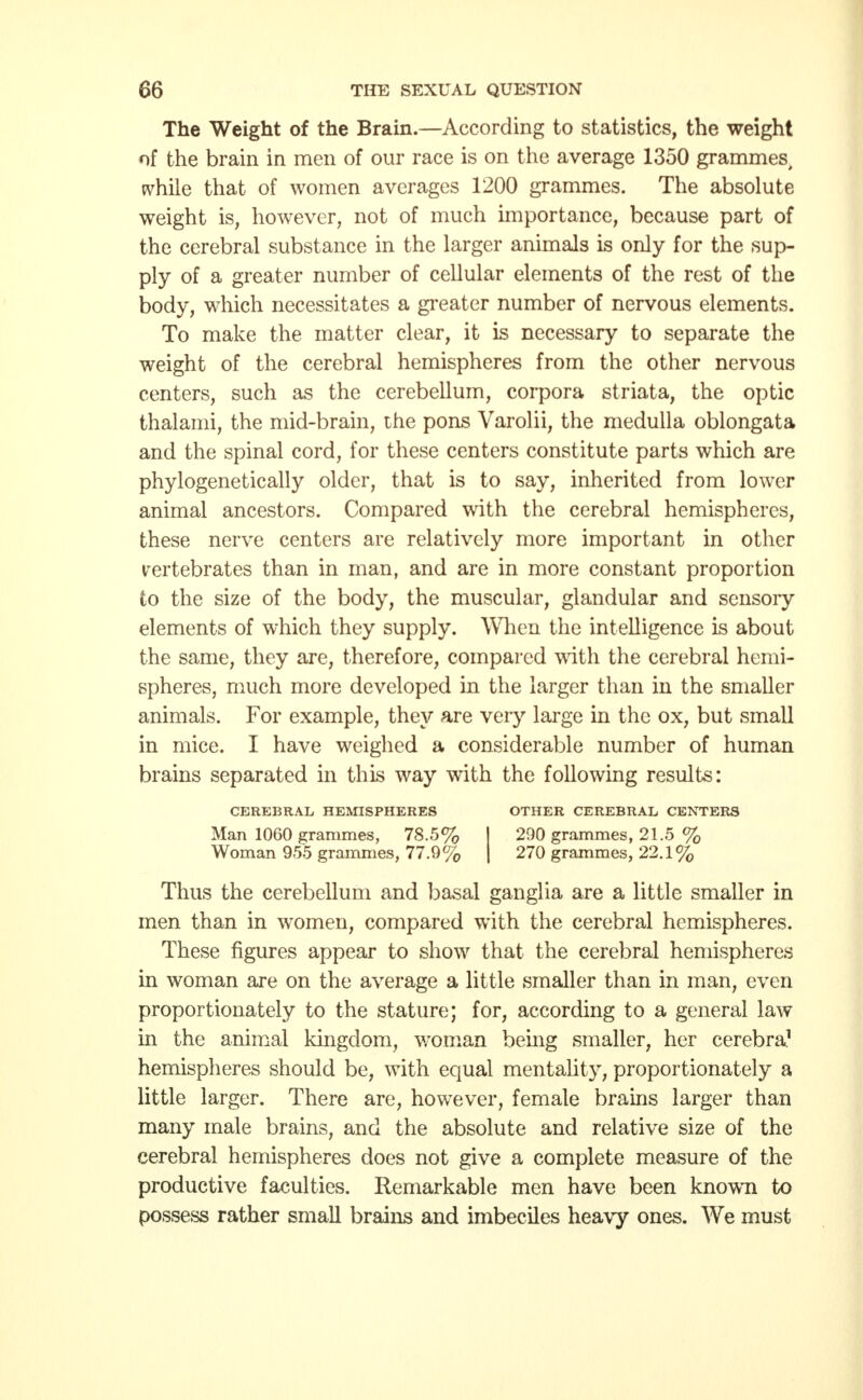 The Weight of the Brain.—According to statistics, the weight *)f the brain in men of our race is on the average 1350 grammes, while that of women averages 1200 grammes. The absolute weight is, however, not of much importance, because part of the cerebral substance in the larger animals is only for the sup- ply of a greater number of cellular elements of the rest of the body, which necessitates a greater number of nervous elements. To make the matter clear, it is necessary to separate the weight of the cerebral hemispheres from the other nervous centers, such as the cerebellum, coipora striata, the optic thalami, the mid-brain, the pons Varolii, the medulla oblongata and the spinal cord, for these centers constitute parts which are phylogenetically older, that is to say, inherited from lower animal ancestors. Compared with the cerebral hemispheres, these nerve centers are relatively more important in other vertebrates than in man, and are in more constant proportion fco the size of the body, the muscular, glandular and sensory elements of which they supply. When the intelligence is about the same, they are, therefore, compared with the cerebral hemi- spheres, much more developed in the larger than in the smaller animals. For example, they are very large in the ox, but small in mice. I have weighed a considerable number of human brains separated in this way with the following results: Thus the cerebellum and basal ganglia are a little smaller in men than in women, compared with the cerebral hemispheres. These figures appear to show that the cerebral hemispheres in woman are on the average a little smaller than in man, even proportionately to the stature; for, according to a general law in the animal kingdom, woman being smaller, her cerebra1 hemispheres should be, with equal mentality, proportionately a little larger. There are, however, female brains larger than many male brains, and the absolute and relative size of the cerebral hemispheres does not give a complete measure of the productive faculties. Remarkable men have been known to possess rather small brains and imbeciles heavy ones. We must CEREBRAL HEMISPHERES Man 1060 grammes, 78.5% Woman 955 grammes, 77.9% OTHER CEREBRAL CENTERS 290 grammes, 21.5 % 270 grammes, 22.1%