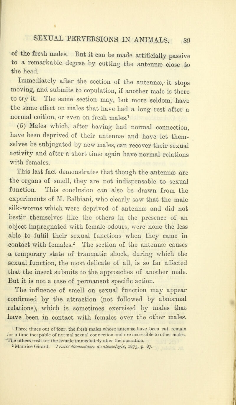 of the fiesh males. But it can be made artificially passive to a remarkable degree by cutting the antennæ close to the head. Immediately after the section of the antennæ, - it stops moving, and submits to copulation, if another male is there to try it. The same section may, but more seldom, have the same effect on males that have had a long rest after a normal coition, or even on fresh males.1 (5) Males which, after having had normal connection, have been deprived of their antennæ and have let them¬ selves be subjugated by new males, can recover their sexual activity and after a short time again have normal relations with females. This last fact demonstrates that though the antennæ are the organs of smell, they are not indispensable to sexual function. This conclusion can also be drawn from the experiments of M. Balbiani, who clearly saw that the male silk-worms which were deprived of antennæ and did not bestir themselves like the others in the presence of an object impregnated with female odours, were none the less able to fulfil their sexual functions when they came in contact with females.2 The section of the antennæ causes a temporary state of traumatic shock, during which the sexual function, the most delicate of all, is so far affected that the insect submits to the approaches of another male. But it is not a case of permanent specific action. The influence of smell on sexual function may appear •confirmed by the attraction (not followed by abnormal relations), which is sometimes exercised by males that have been in contact with females over the other males. 1 Three times out of four, the fresh males whose antennæ have been cut, remain for a time incapable of normal sexual connection and are accessible to other males. The others rush for the female immediately after the operation. 2 Maurice Girard. Traité élémentaire dentomologiet 1873, p. 87.